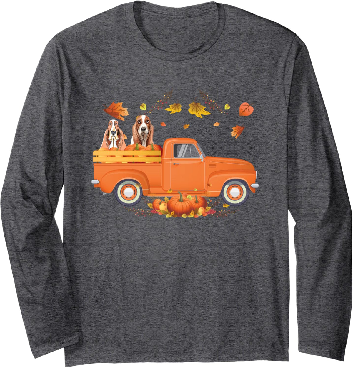 Basset Hound Pumpkin Truck Fall Thanksgiving Halloween Long Sleeve T-Shirt - Adult Unisex Dark Heather Grey