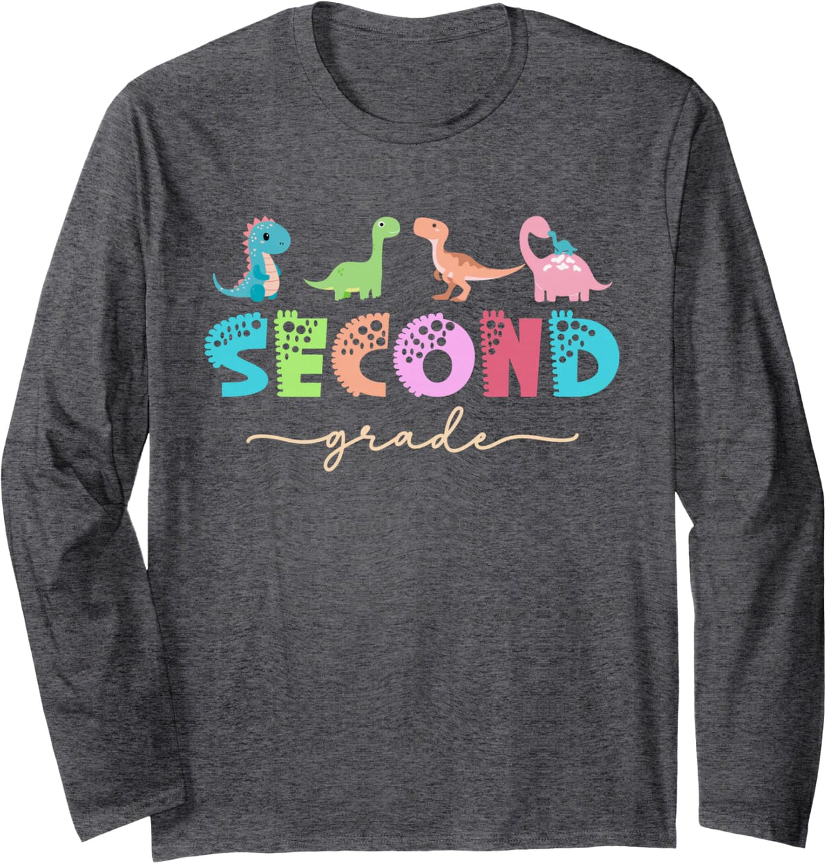 Retro Second Grade Teacher Team Dinosaur Back to School Long Sleeve T-Shirt - Adult Unisex Dark Heather Grey