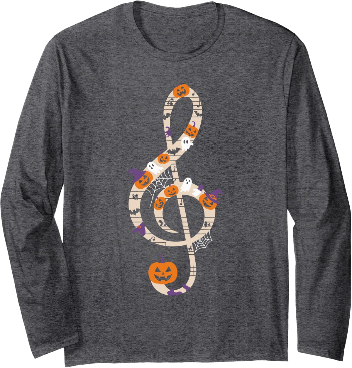 Halloween Treble Clef Music Teacher Design Long Sleeve T-Shirt - Adult Unisex Dark Heather Grey