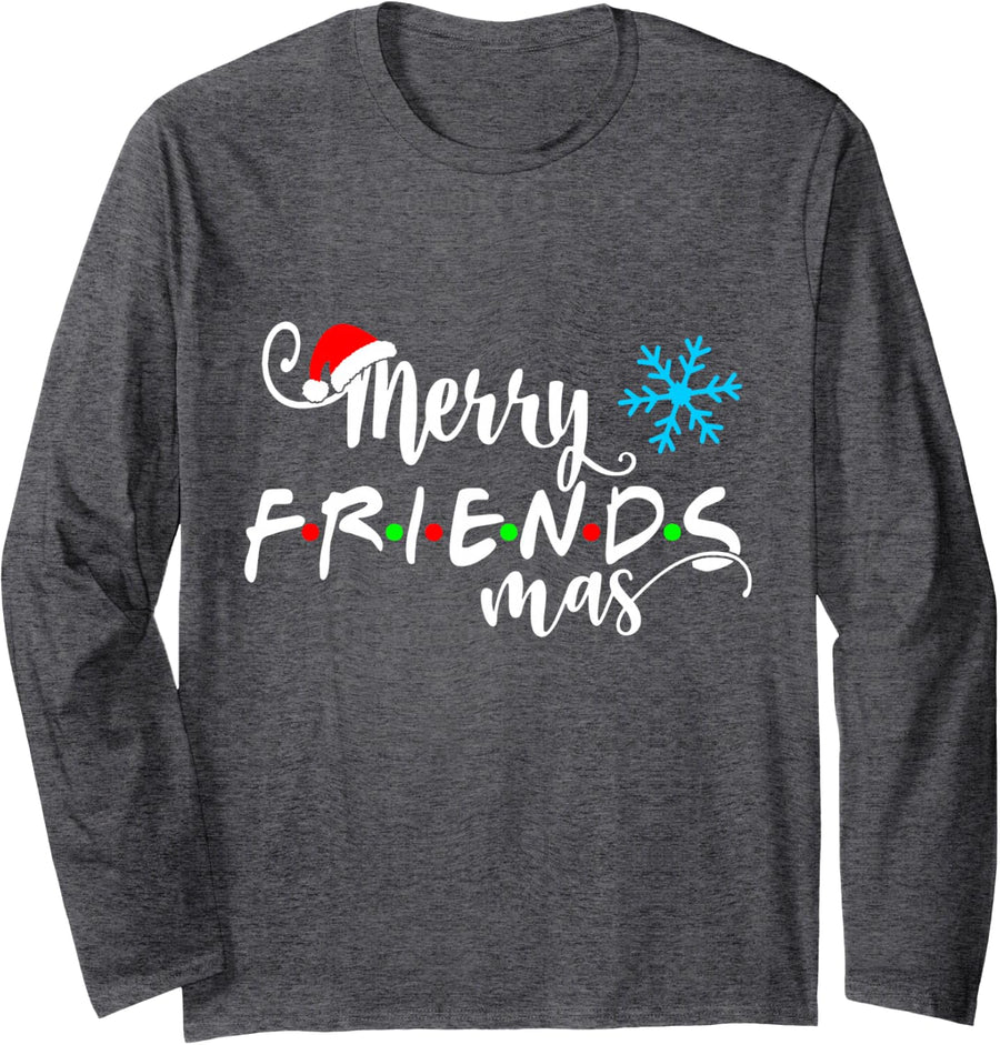 Merry Friendsmas Tee Christmas Lights Santa Hat Snowflake Long Sleeve T-Shirt - Adult Unisex Dark Heather Grey