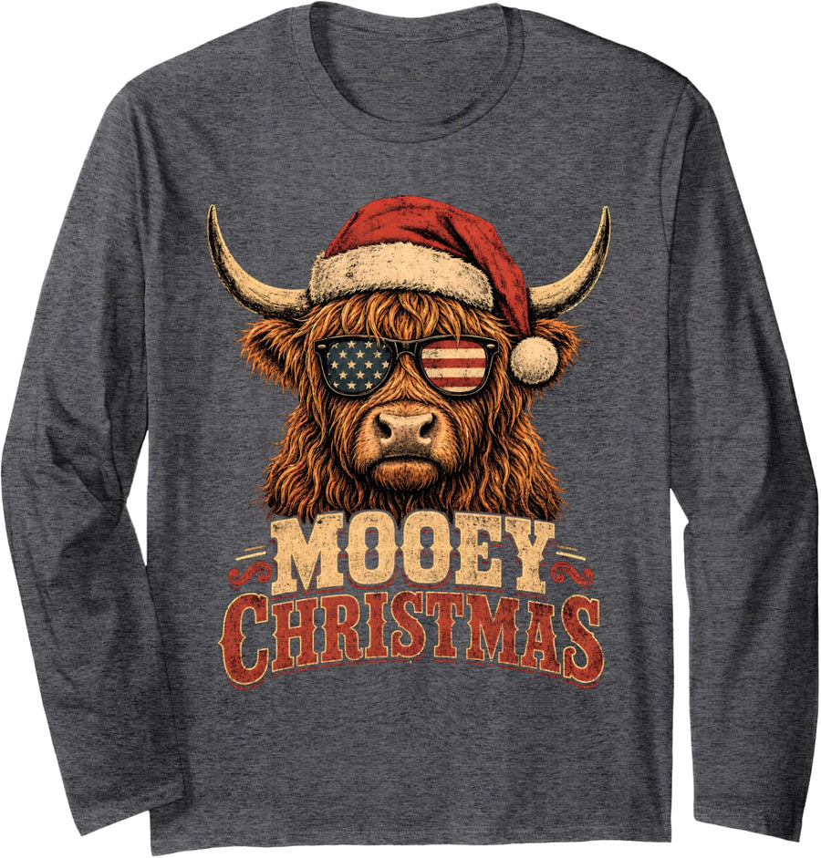 Mooey Christmas Highland Cow USA Flag Sunglasses Farmer Long Sleeve T-Shirt - Adult Unisex Dark Heather Grey