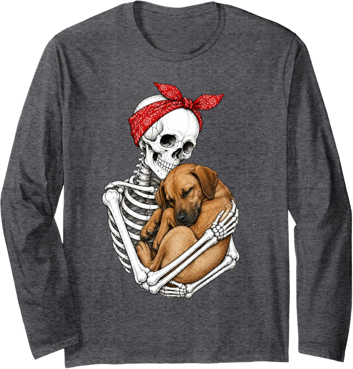 Skeleton Holding Rhodesian Ridgeback Dog Funny Lazy Long Sleeve T-Shirt - Adult Unisex Dark Heather Grey