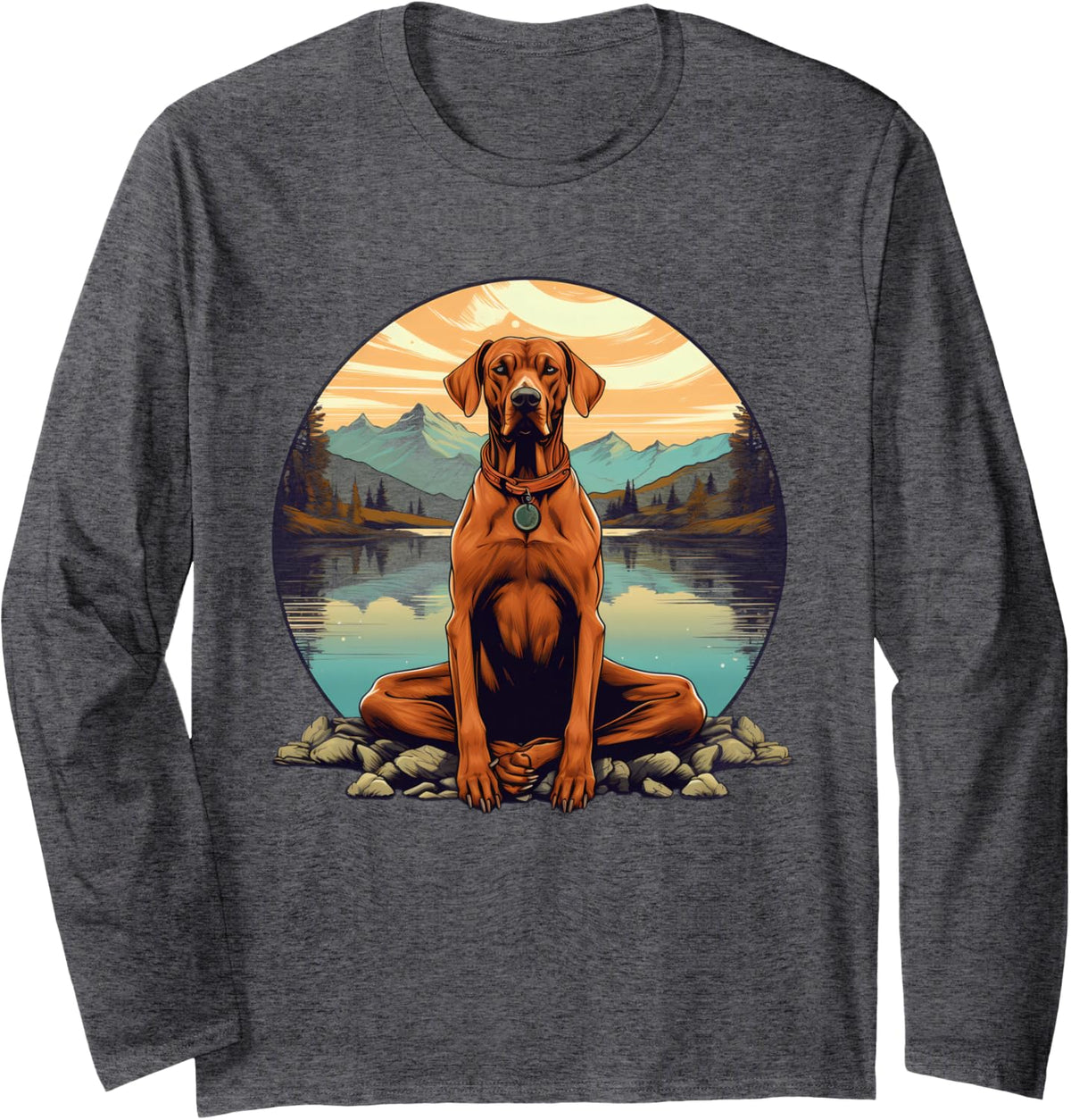Rhodesian Ridgeback Dog Meditation Yoga Long Sleeve T-Shirt - Adult Unisex Dark Heather Grey