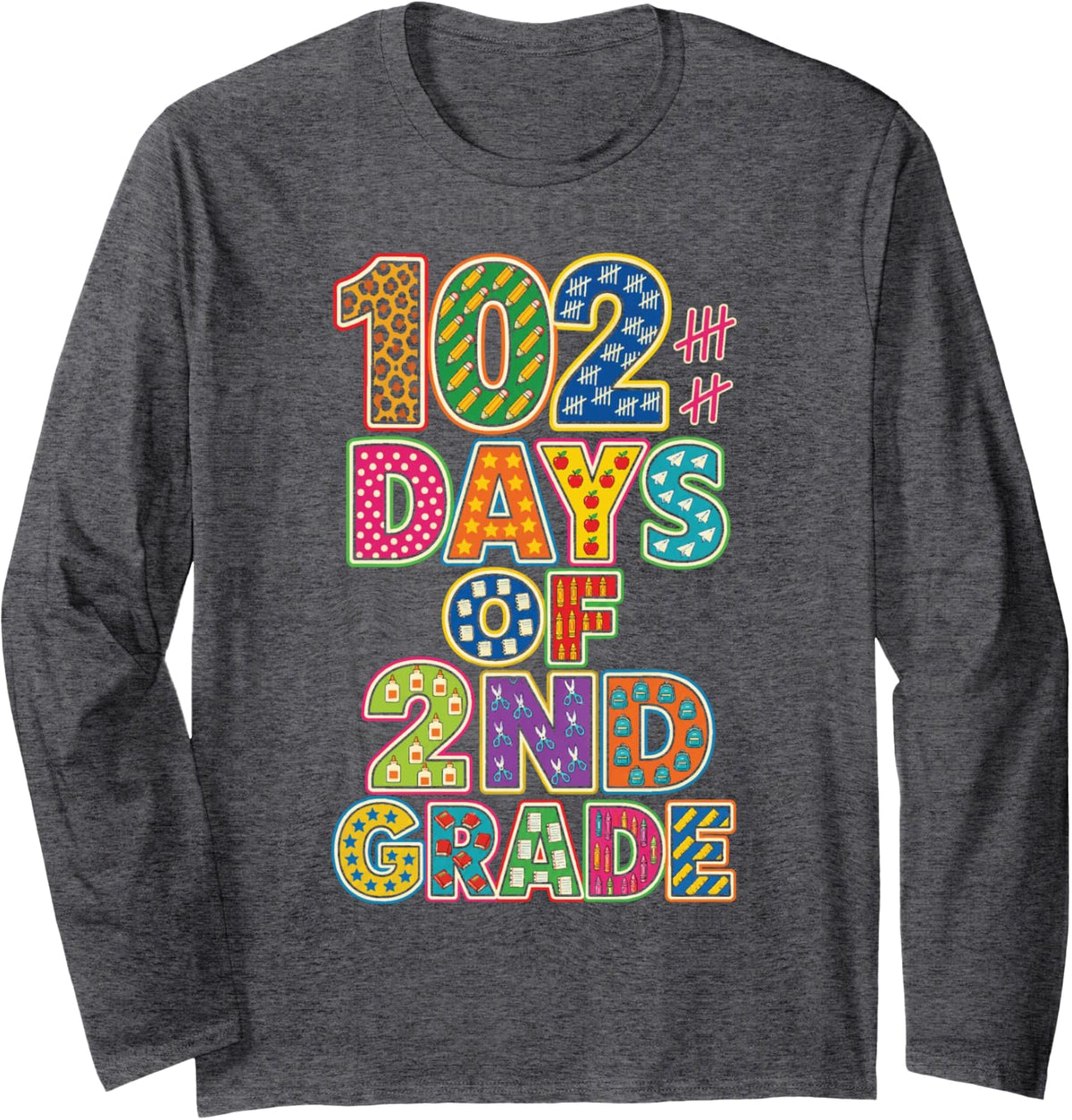 2nd Grade 102 Days of School Leopard Print Girls Long Sleeve T-Shirt - Adult Unisex Dark Heather Grey
