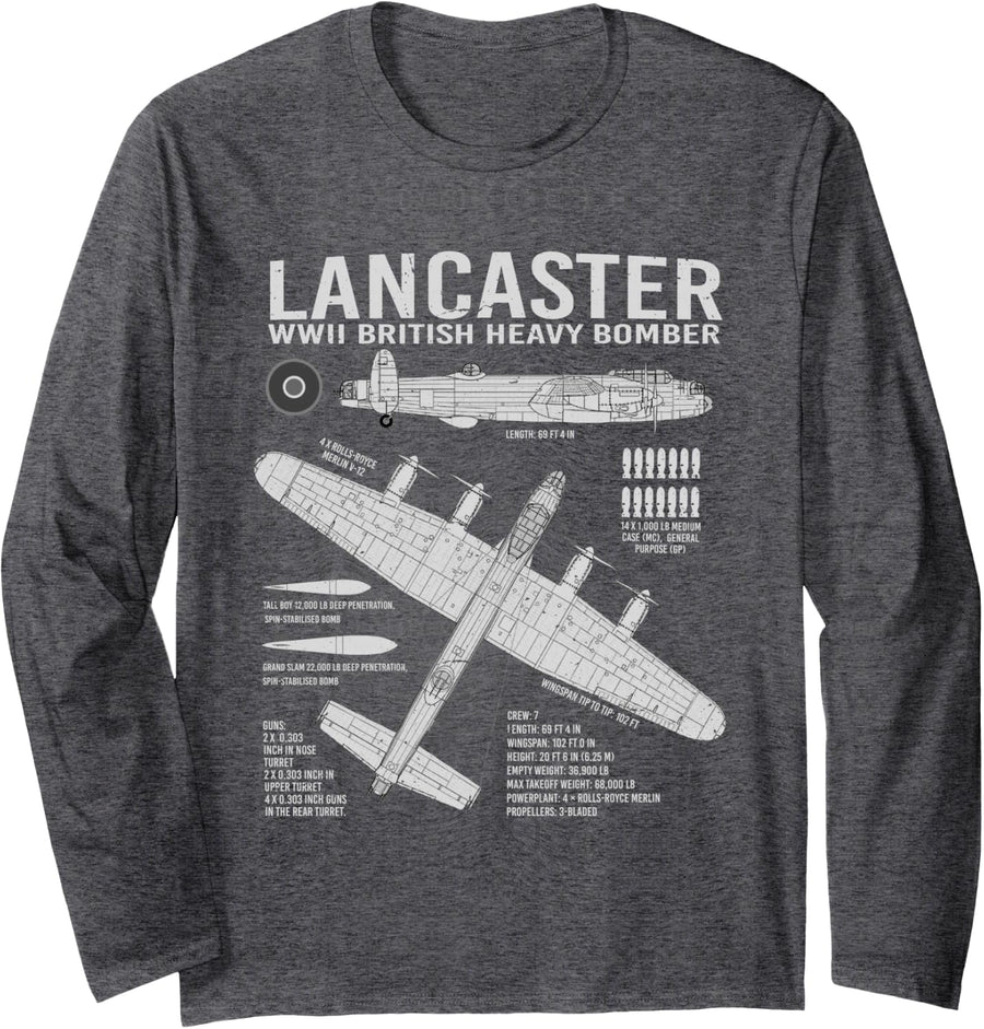 RAF Lancaster Bomber British Aircraft War Tarpaulin Blue Print Long Sleeve T-Shirt - Adult Unisex Dark Heather Grey