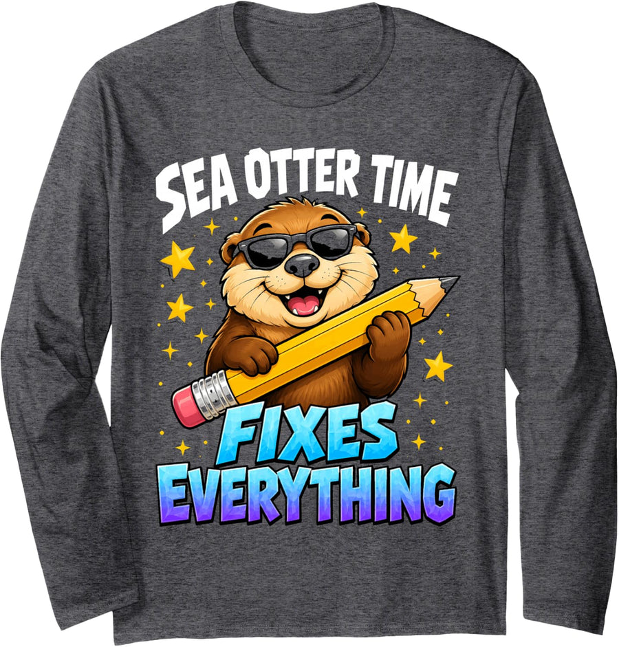 Sea Otter Kelp Forest Marine Biology Coastal Wildlife Gift Long Sleeve T-Shirt - Adult Unisex Dark Heather Grey