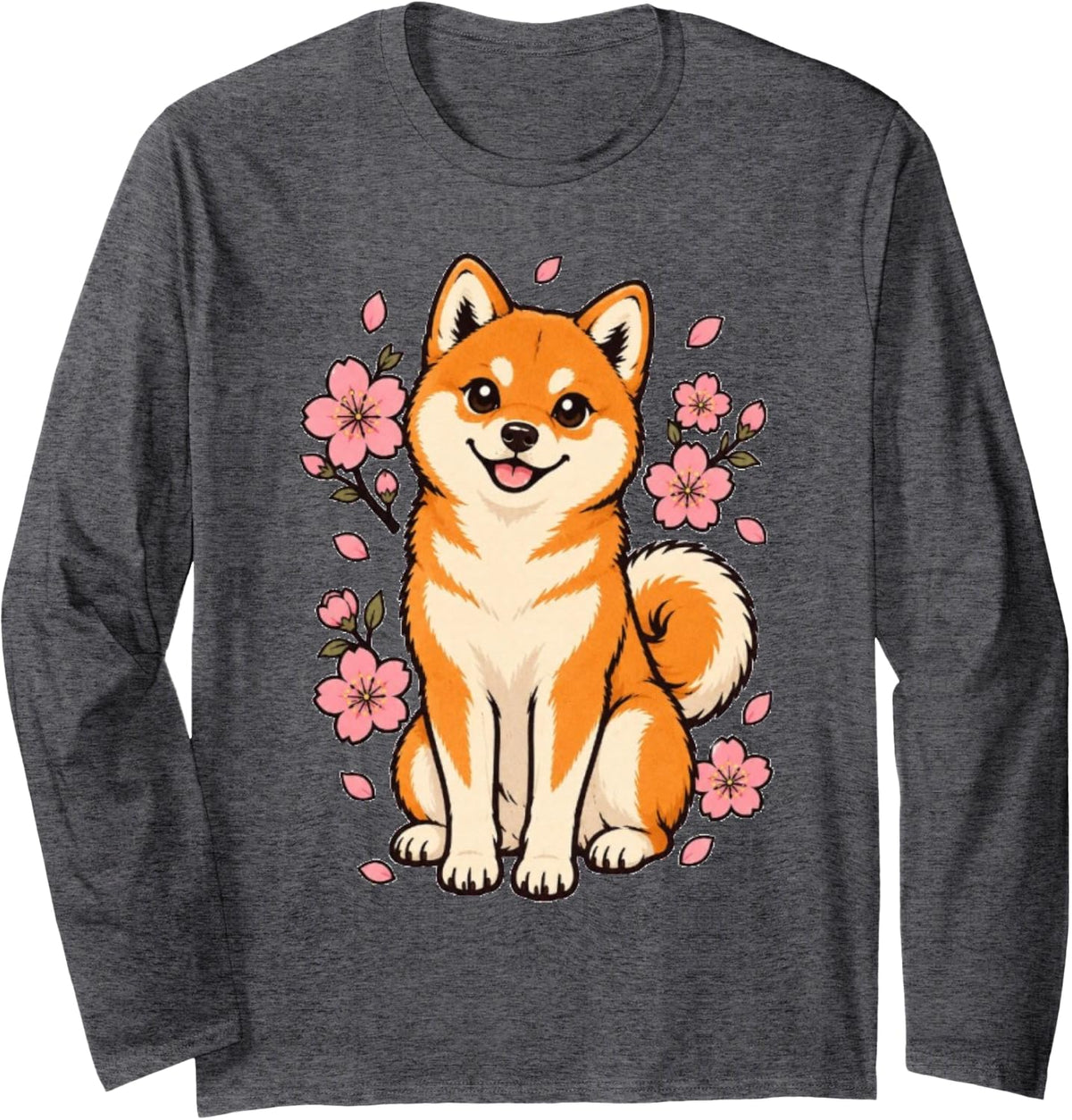 Cute Shiba Inu Japanese Dog with Cherry Blossoms Long Sleeve T-Shirt - Adult Unisex Dark Heather Grey
