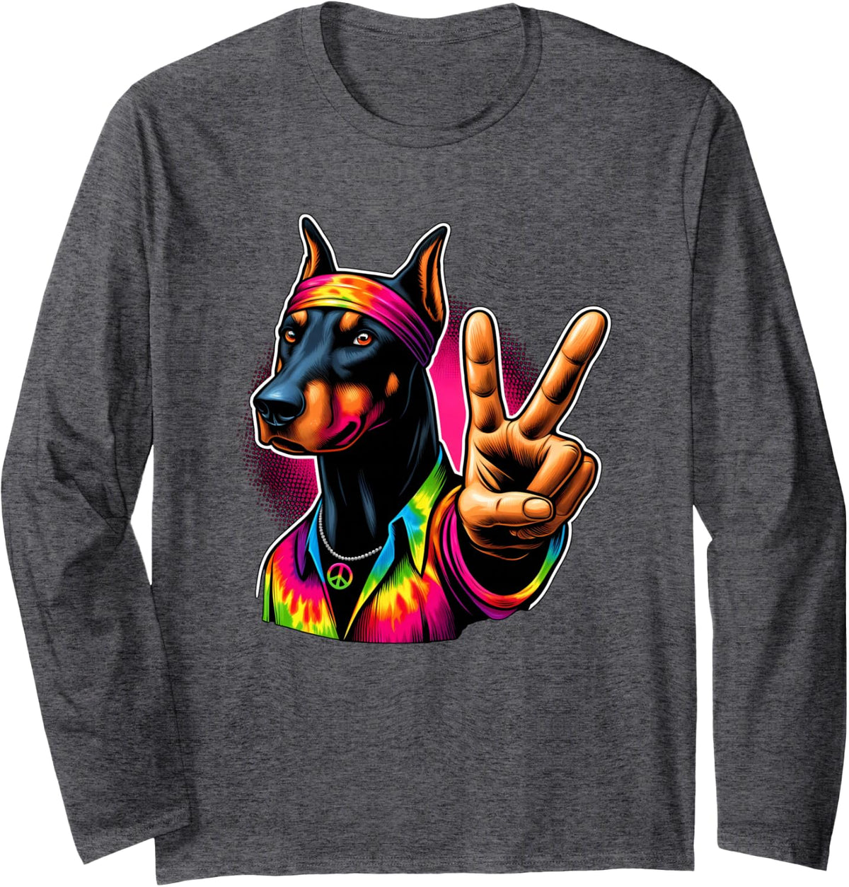 Peace Sign Tie Dye Doberman Pinscher Dog Long Sleeve T-Shirt - Adult Unisex Dark Heather Grey
