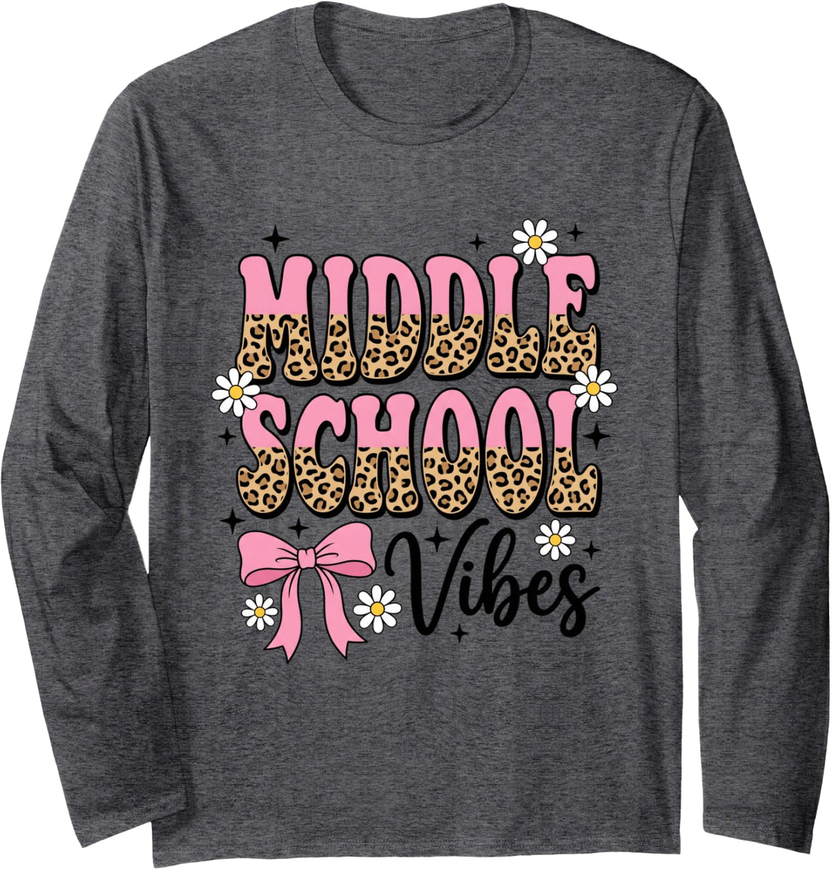 Middle School Vibes Leopard Print Bow Daisy Student Long Sleeve T-Shirt - Adult Unisex Dark Heather Grey