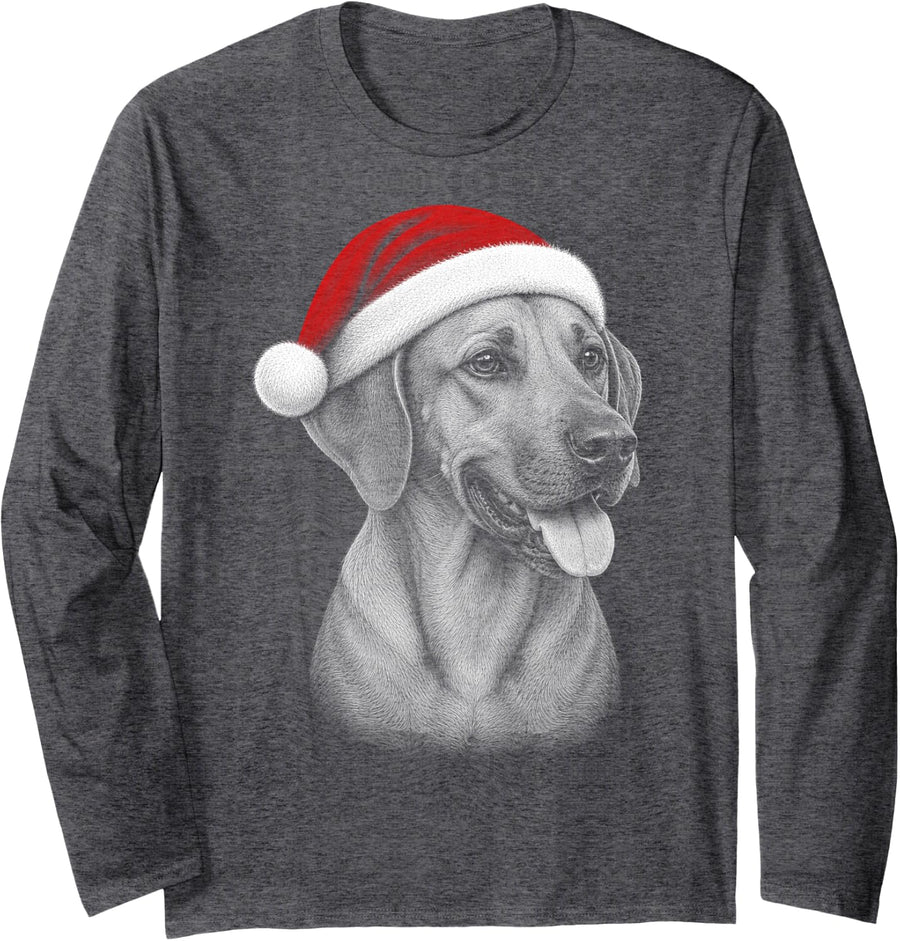 Rhodesian Ridgeback - Cute Dog with Red Christmas Hat Long Sleeve T-Shirt - Adult Unisex Dark Heather Grey