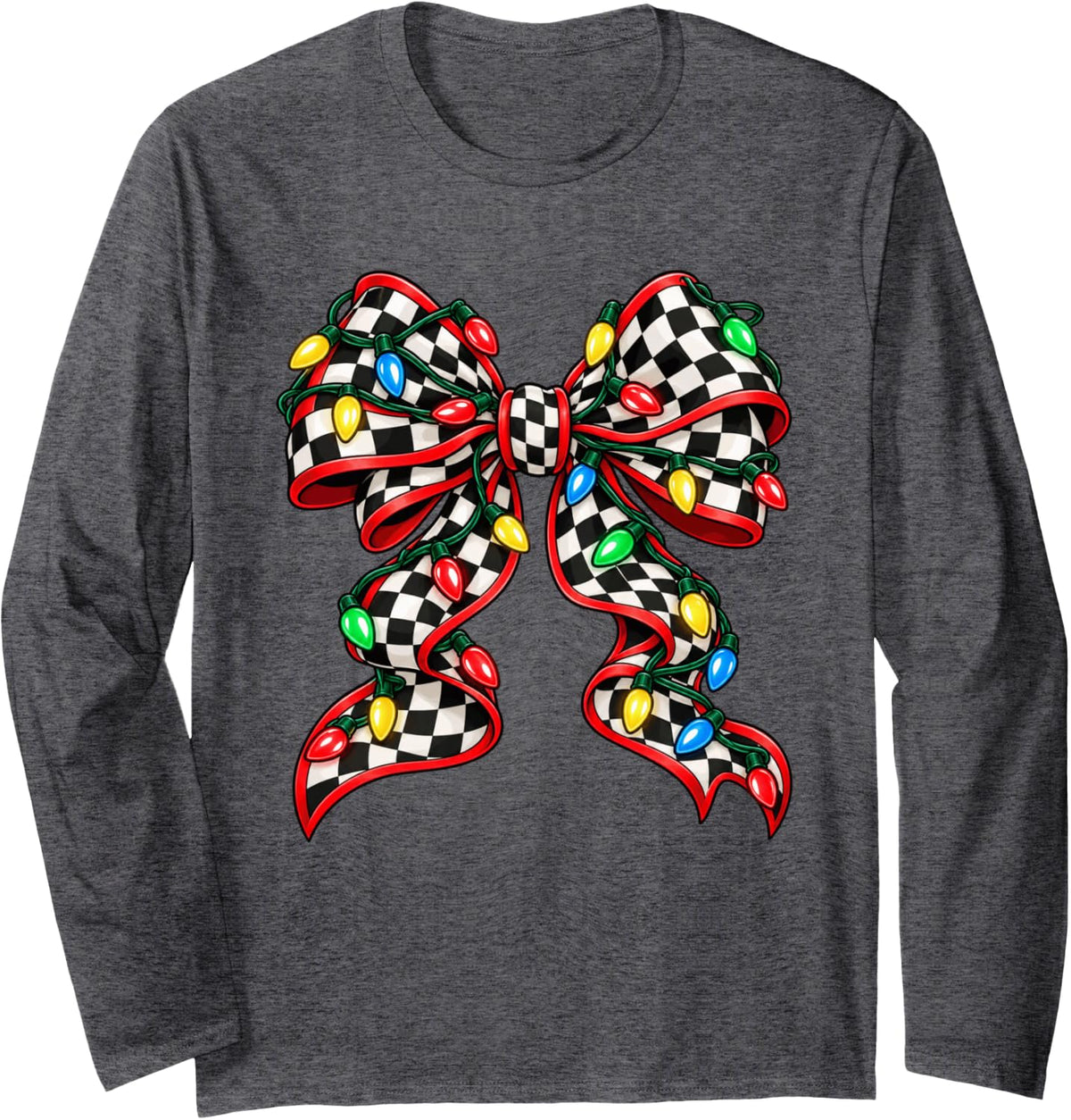 Christmas Racing Bow Checker Flag String Lights Race Fan Long Sleeve T-Shirt - Adult Unisex Dark Heather Grey
