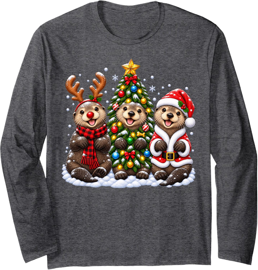 Sea Otter Merry Christmas Santa Hat Holidays Xmas Long Sleeve T-Shirt - Adult Unisex Dark Heather Grey