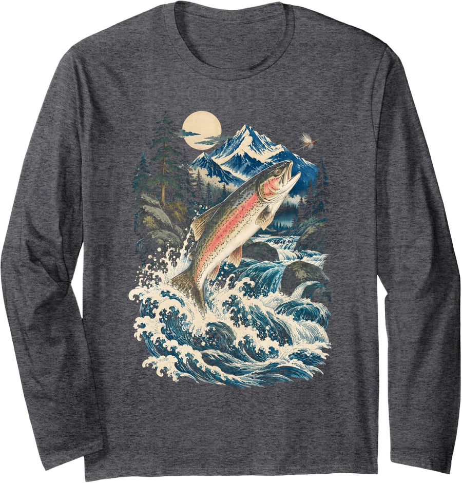 Rainbow Trout Fly Fishing Mountain Stream Nature Long Sleeve T-Shirt - Adult Unisex Dark Heather Grey