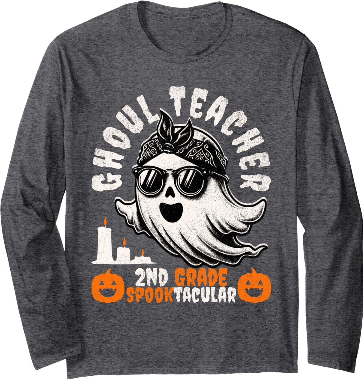 Ghoul Teacher 2nd Grade Spooktacular - Retro Ghost Halloween Long Sleeve T-Shirt - Adult Unisex Dark Heather Grey