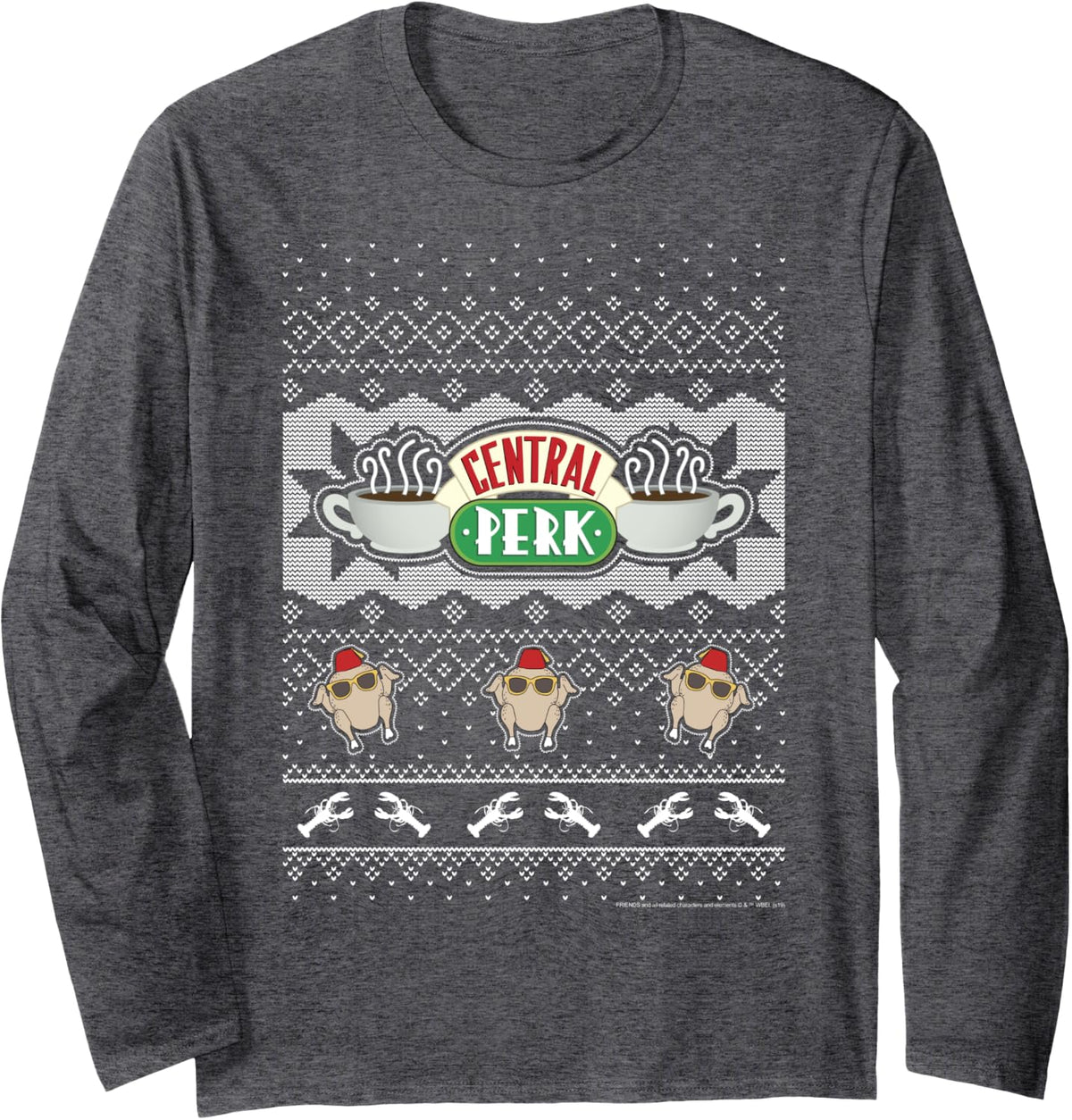 Friends Christmas Central Perk Ugly Sweater Style Long Sleeve T-Shirt - Adult Unisex Dark Heather Grey
