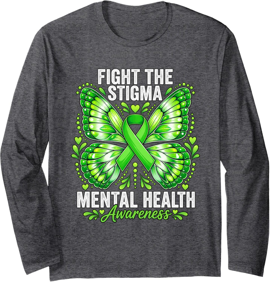 Fight the Stigma Mental Health Awareness Month Butterfly Long Sleeve T-Shirt - Adult Unisex Dark Heather Grey