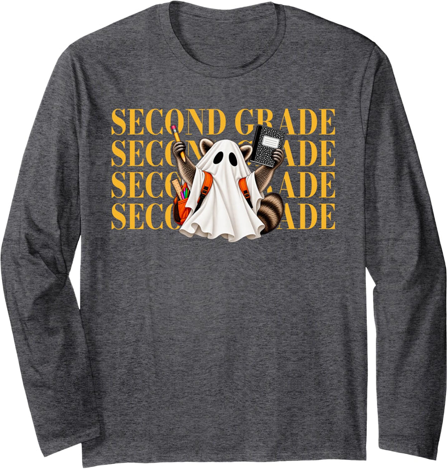 Second Grade Halloween Spooky Ghost Feral Raccoon Boys Long Sleeve T-Shirt - Adult Unisex Dark Heather Grey