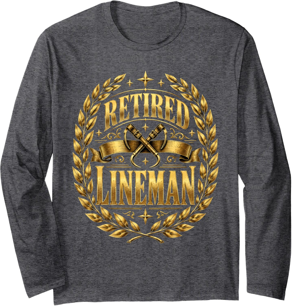 Retired Lineman Golden Laurel Emblem Long Sleeve T-Shirt - Adult Unisex Dark Heather Grey