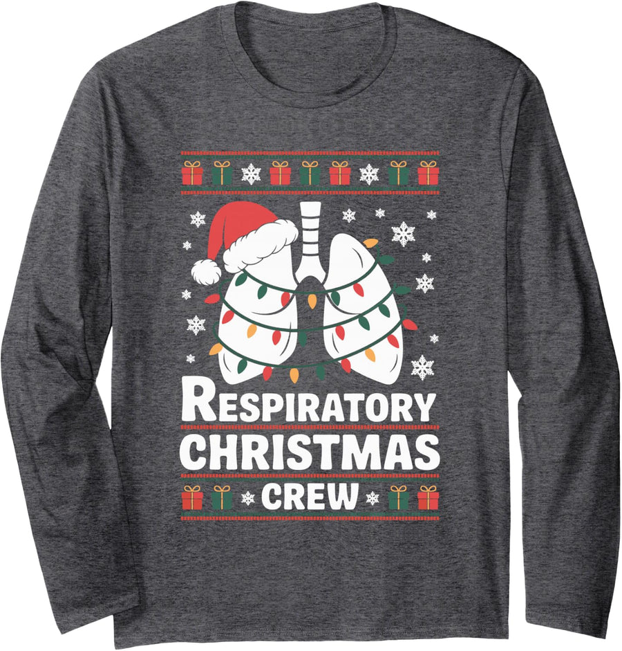 Respiratory Therapist Ugly Christmas Sweater RT Therapy Xmas Long Sleeve T-Shirt - Adult Unisex Dark Heather Grey
