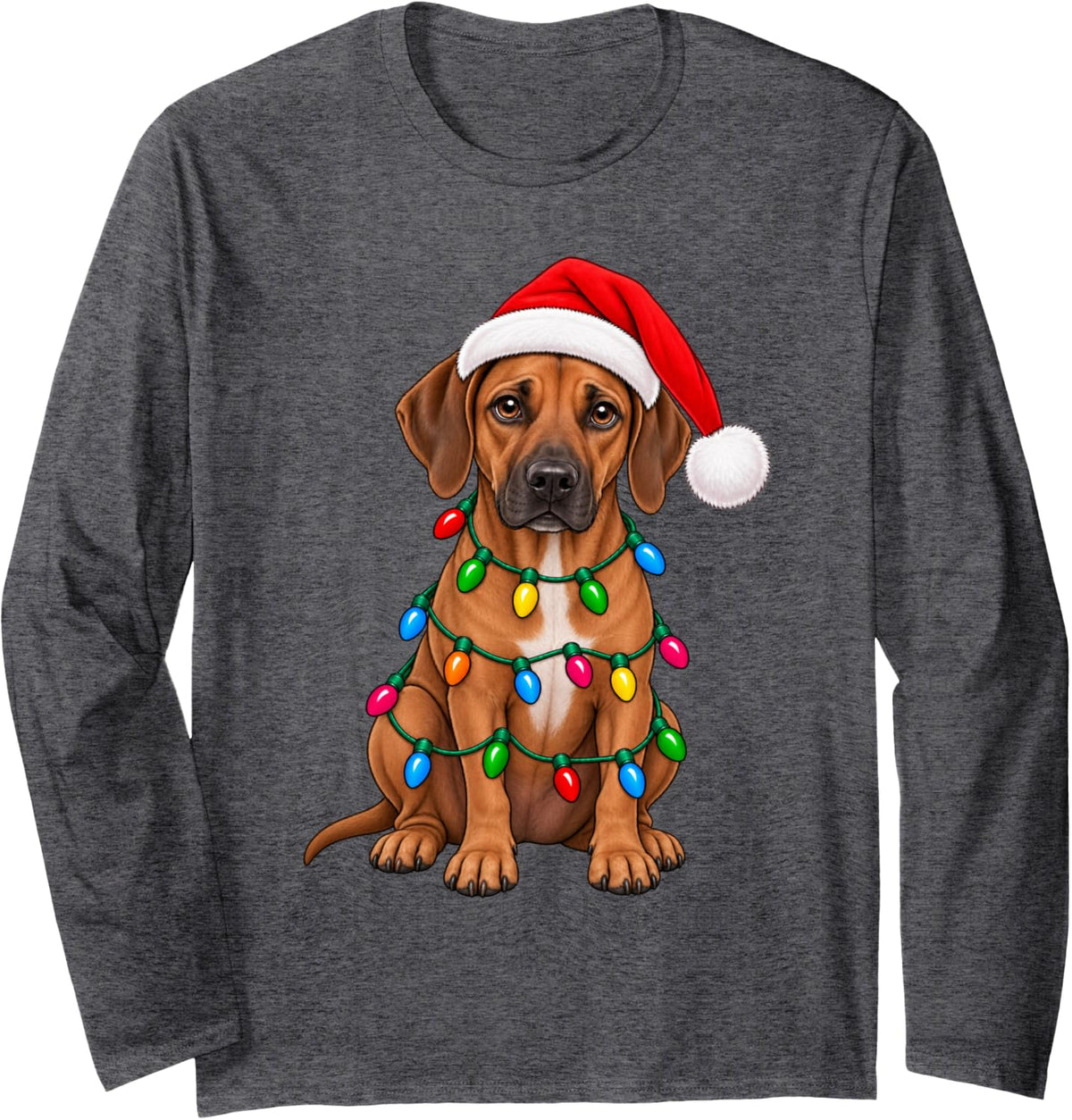 Cute Rhodesian Ridgeback Santa Christmas Lights Dog Lover Long Sleeve T-Shirt - Adult Unisex Dark Heather Grey