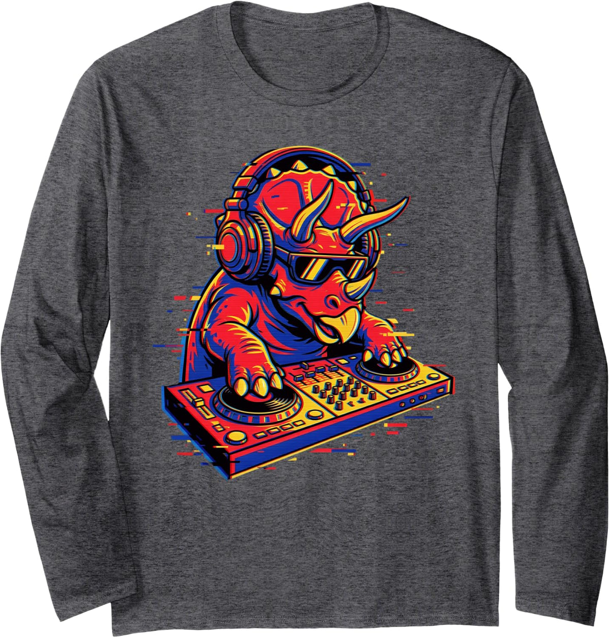 Turntable DJ Triceratops House Music Techno Long Sleeve T-Shirt - Adult Unisex Dark Heather Grey