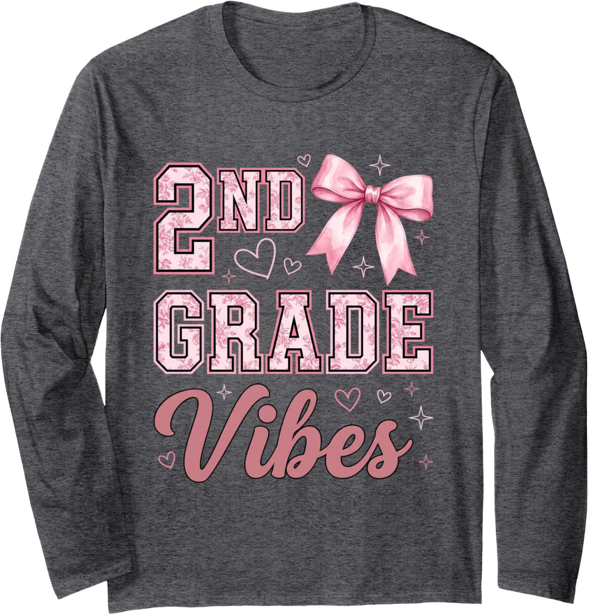 2ND Grade Vibes Floral Pink Bow Back to School Girls Long Sleeve T-Shirt - Adult Unisex Dark Heather Grey