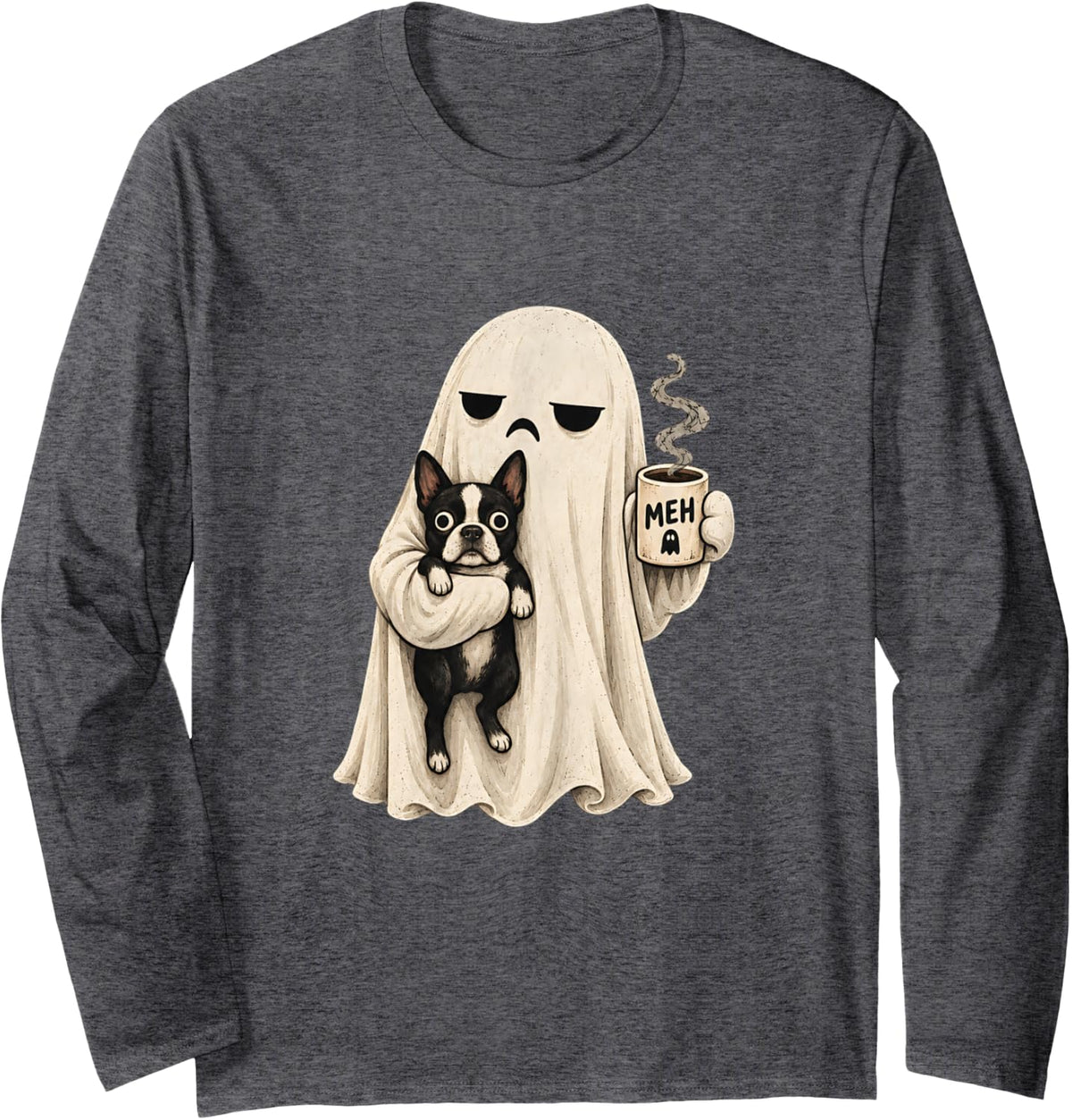 Meh Ghost Boston Terrier Coffee Funny Halloween Dog Lover Long Sleeve T-Shirt - Adult Unisex Dark Heather Grey