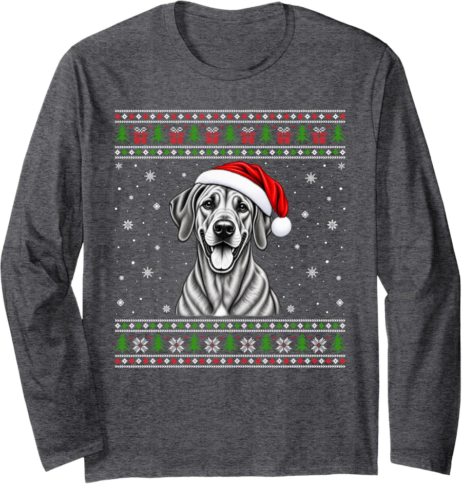 Rhodesian Ridgeback Ugly Christmas Sweater Santa Hat Dog Long Sleeve T-Shirt - Adult Unisex Dark Heather Grey