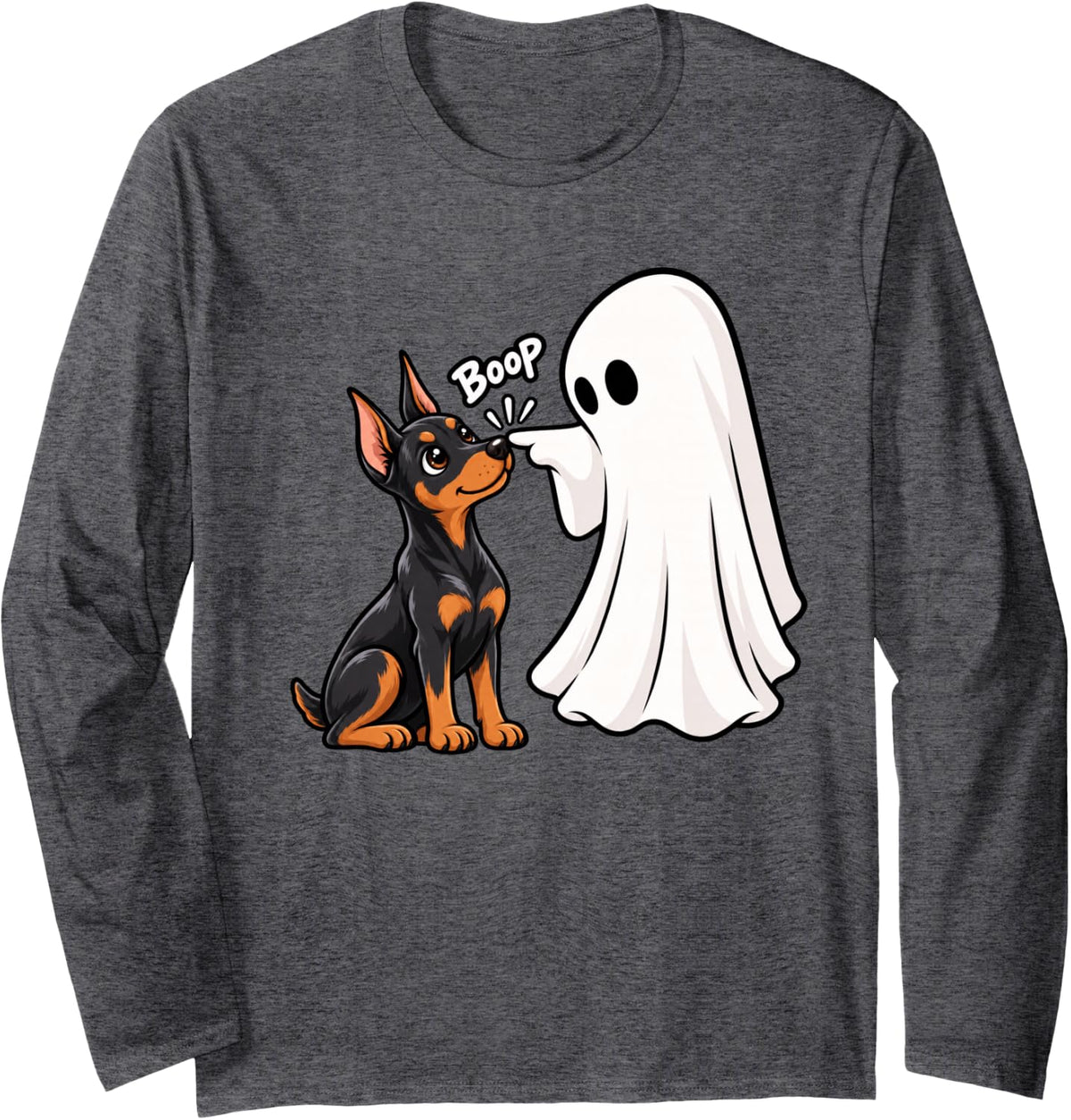 Funny Ghost Doberman Pinscher Boop Halloween Dog Lover Long Sleeve T-Shirt - Adult Unisex Dark Heather Grey