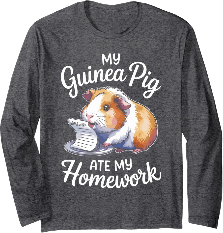 Funny Guinea Pig Homework Long Sleeve T-Shirt - Adult Unisex Dark Heather Grey