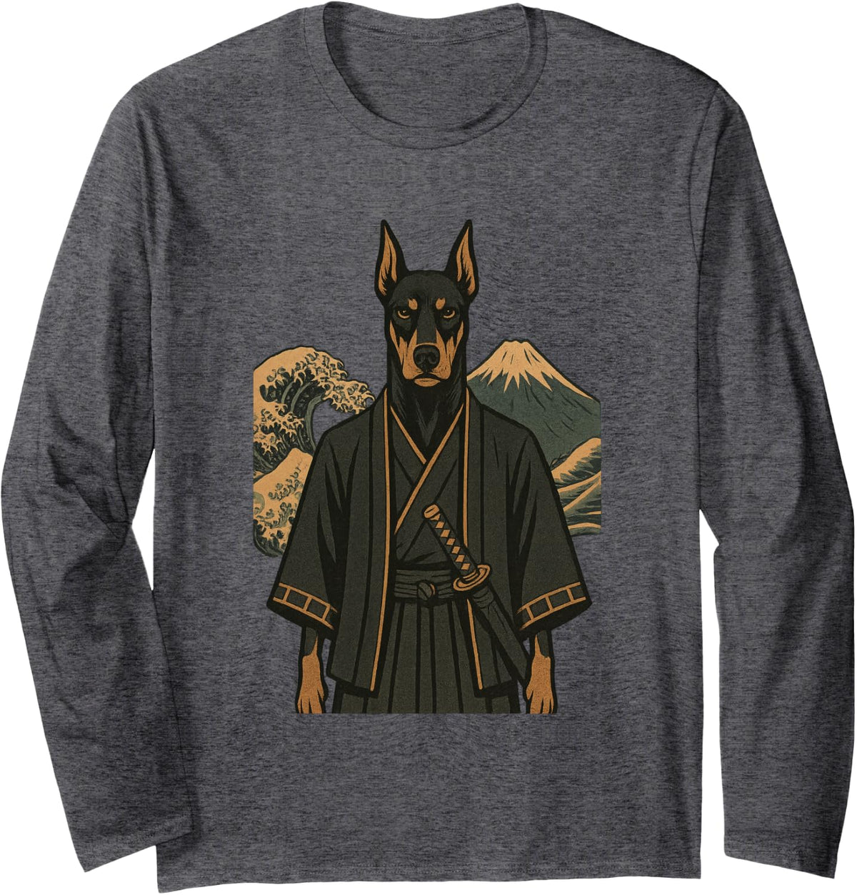Doberman Pinscher Samurai Japanese Wave Mountain Art Long Sleeve T-Shirt - Adult Unisex Dark Heather Grey