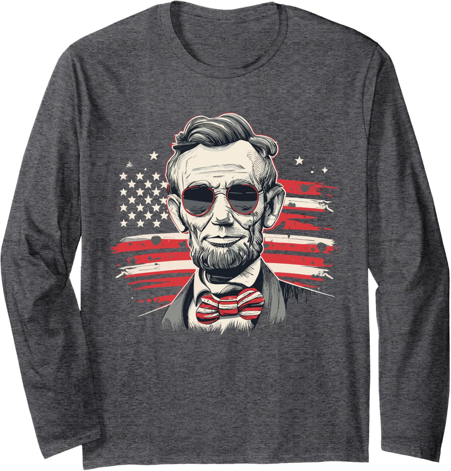 Funny Abraham Lincoln - Patriotic USA Flag - 4th of July Long Sleeve T-Shirt - Adult Unisex Dark Heather Grey