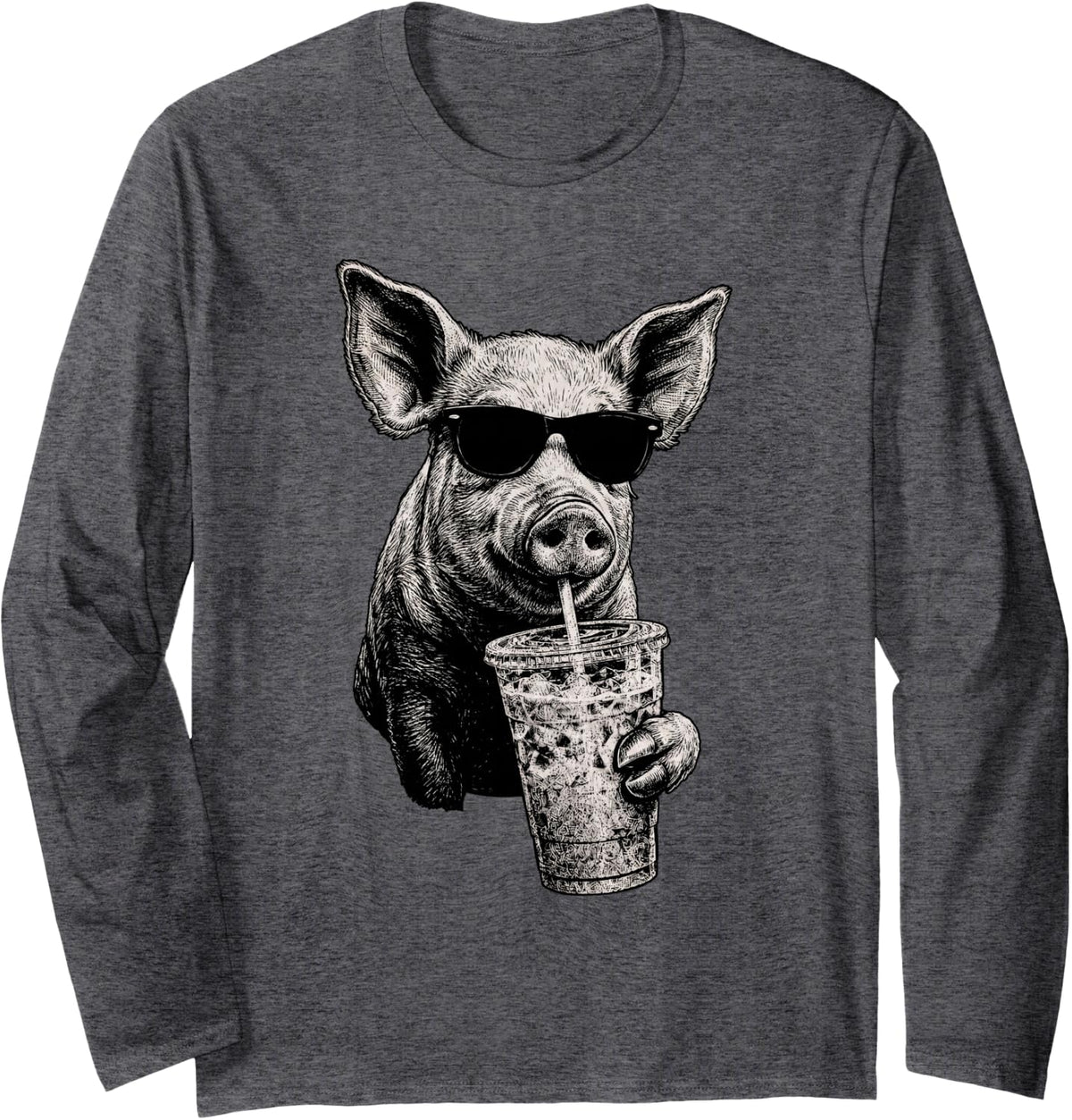 Funny Pig Drinking Iced Coffee Farm Animal Humor Long Sleeve T-Shirt - Adult Unisex Dark Heather Grey