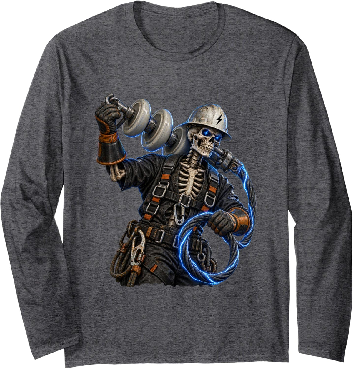 Scary Skeleton Lineman Design for Lineworkers and Lineman Long Sleeve T-Shirt - Adult Unisex Dark Heather Grey
