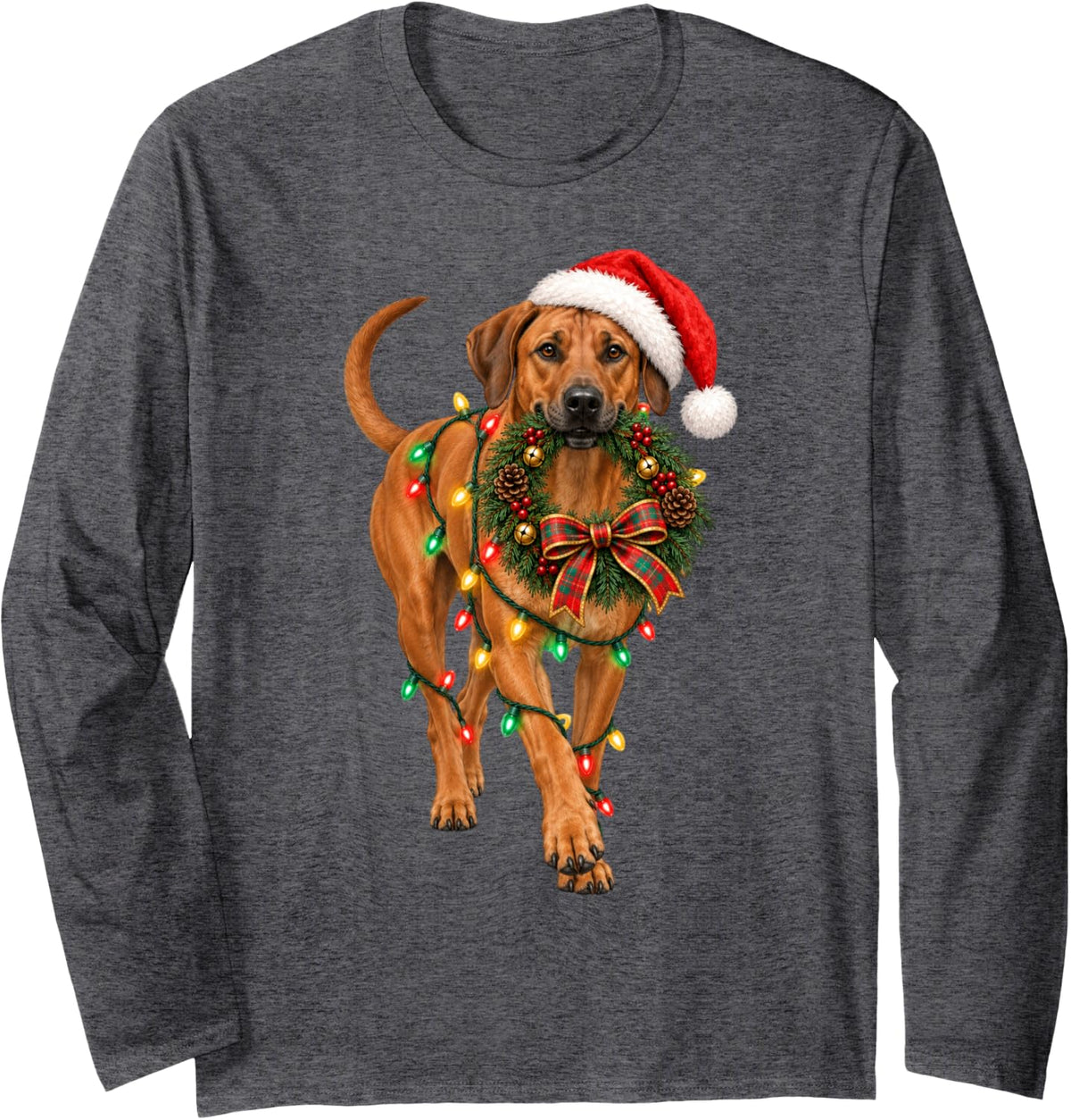 Rhodesian Ridgeback Christmas Wreath Decoration Xmas Pajamas Long Sleeve T-Shirt - Adult Unisex Dark Heather Grey