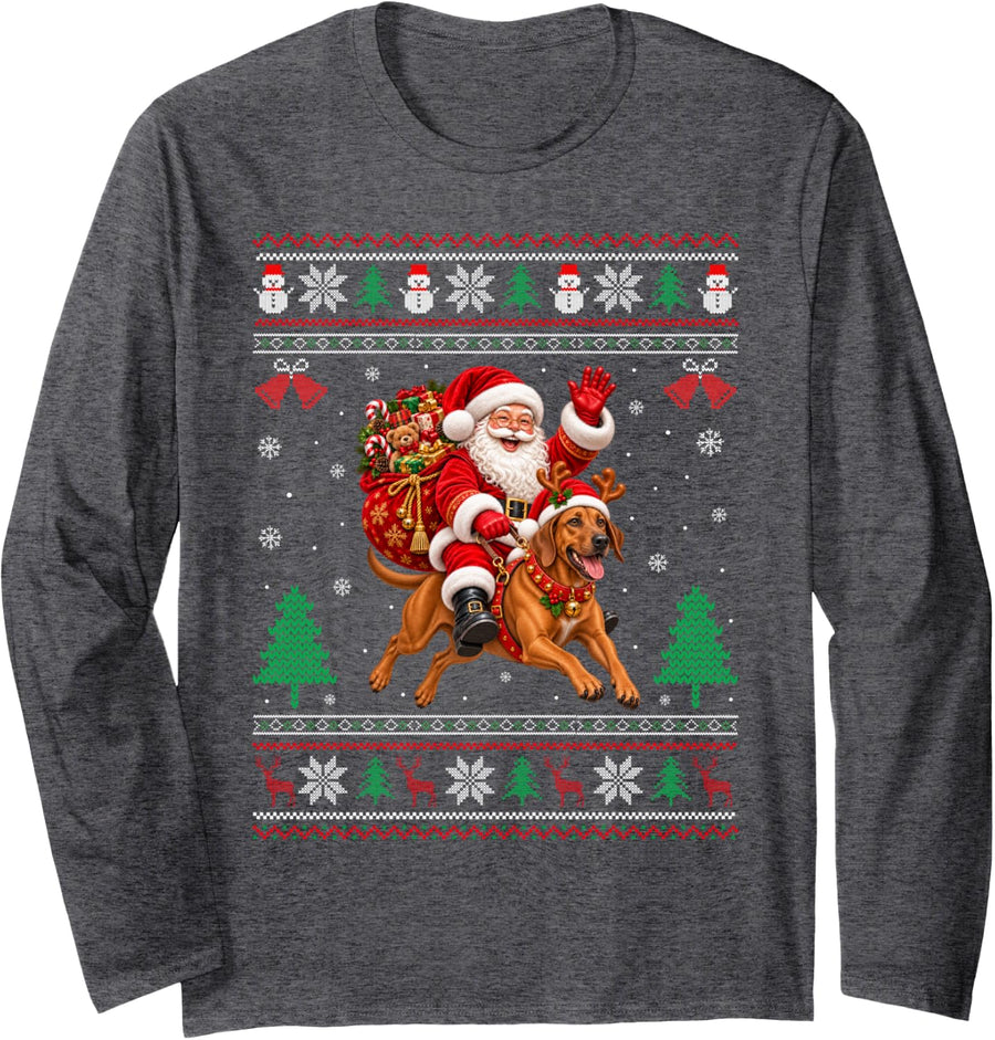 Rhodesian Ridgeback Ugly Christmas Sweater Santa Riding Dog Long Sleeve T-Shirt - Adult Unisex Dark Heather Grey