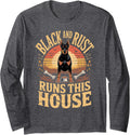 Black and Rust Runs This House Doberman Dobie Dog Long Sleeve T-Shirt - Adult Unisex Dark Heather Grey
