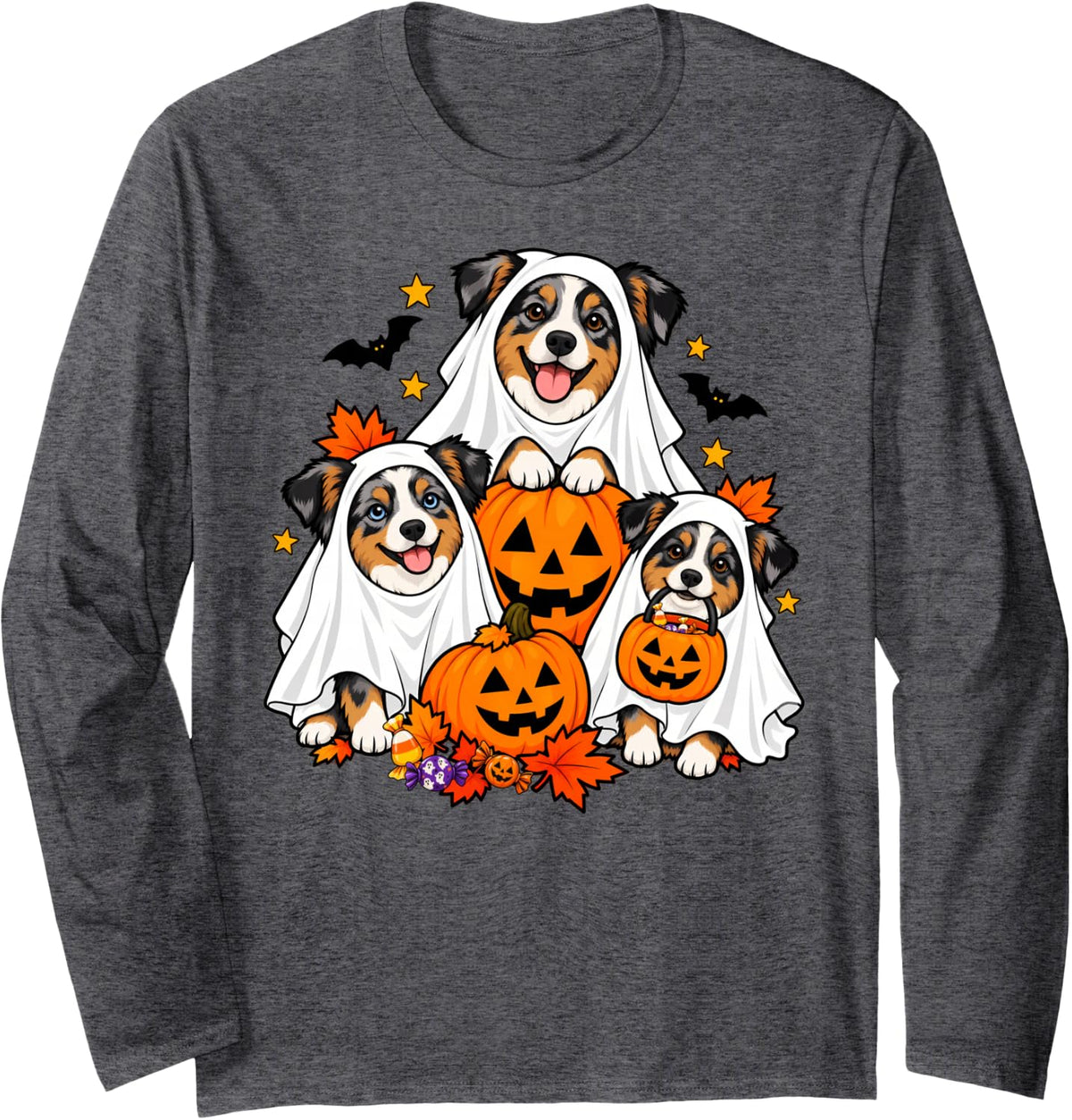 Ghost Miniature American Shepherd Dog and Pumpkins Halloween Long Sleeve T-Shirt - Adult Unisex Dark Heather Grey