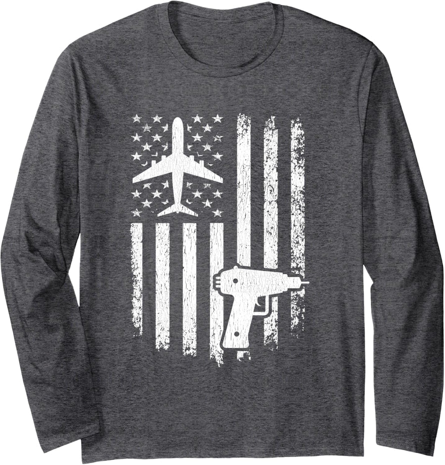 Aircraft Mechanic Maintenance USA Flag Aviation Rivet Long Sleeve T-Shirt - Adult Unisex Dark Heather Grey