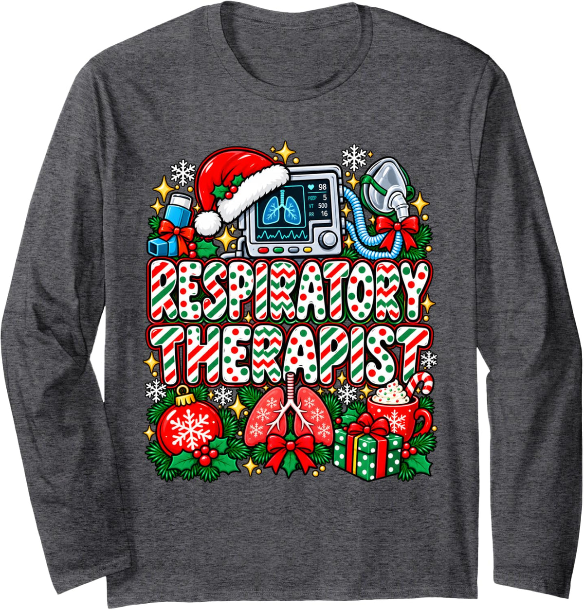 Respiratory Therapy Christmas Lung RT Therapist Nurse Xmas Long Sleeve T-Shirt - Adult Unisex Dark Heather Grey