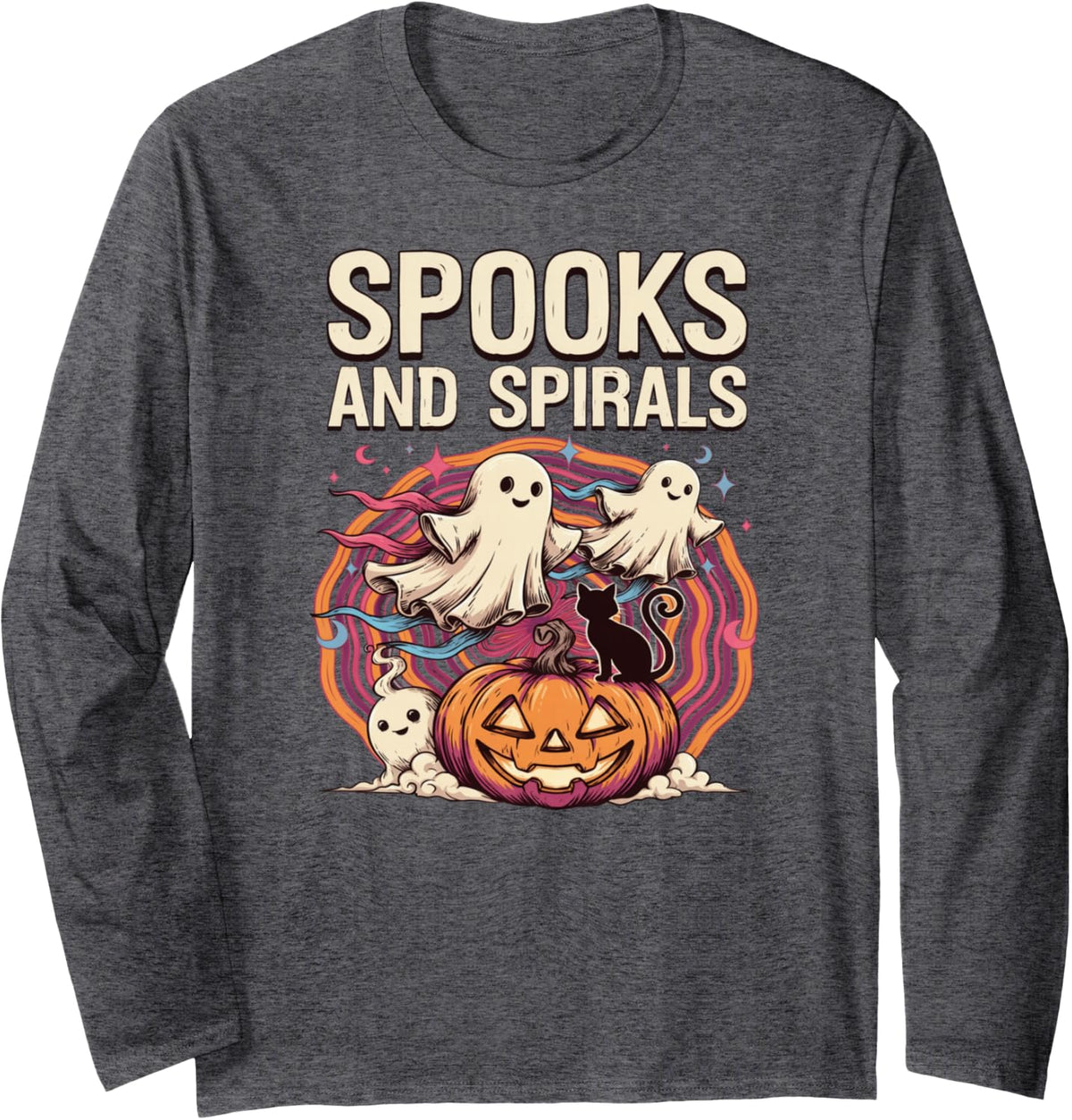 Spooky Vibes Spirals Ghosts and Cat Long Sleeve T-Shirt - Adult Unisex Dark Heather Grey