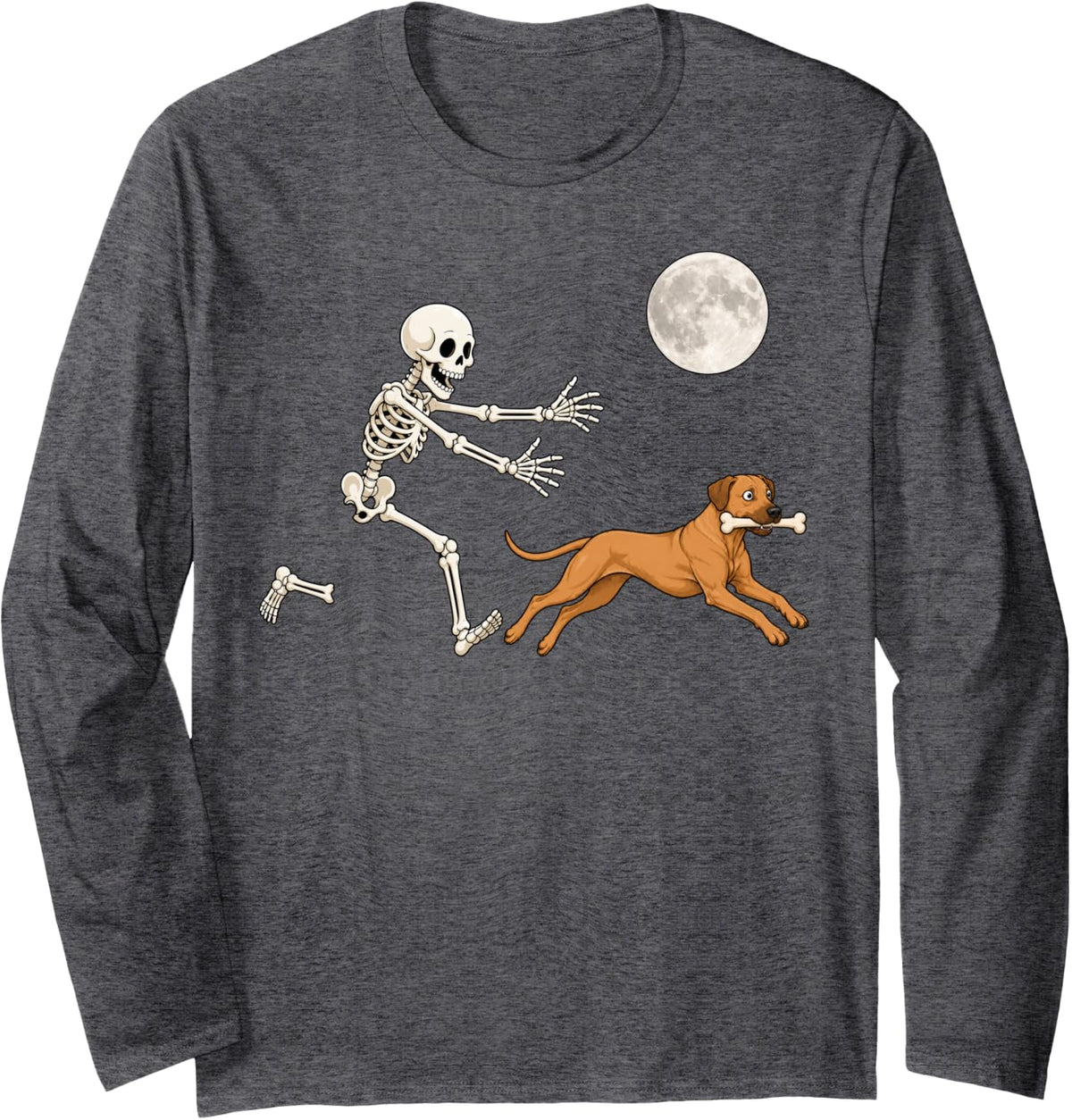 Rhodesian Ridgeback Running Skeleton Retro Halloween Dog Long Sleeve T-Shirt - Adult Unisex Dark Heather Grey