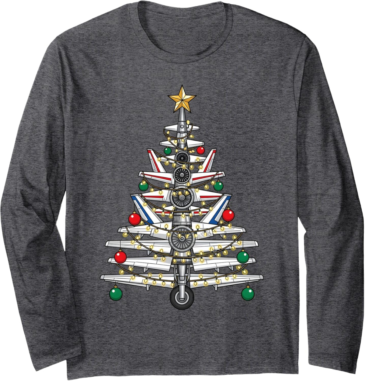 Airplane Christmas Tree Men Women Pilot Aircraft Aviation Long Sleeve T-Shirt - Adult Unisex Dark Heather Grey