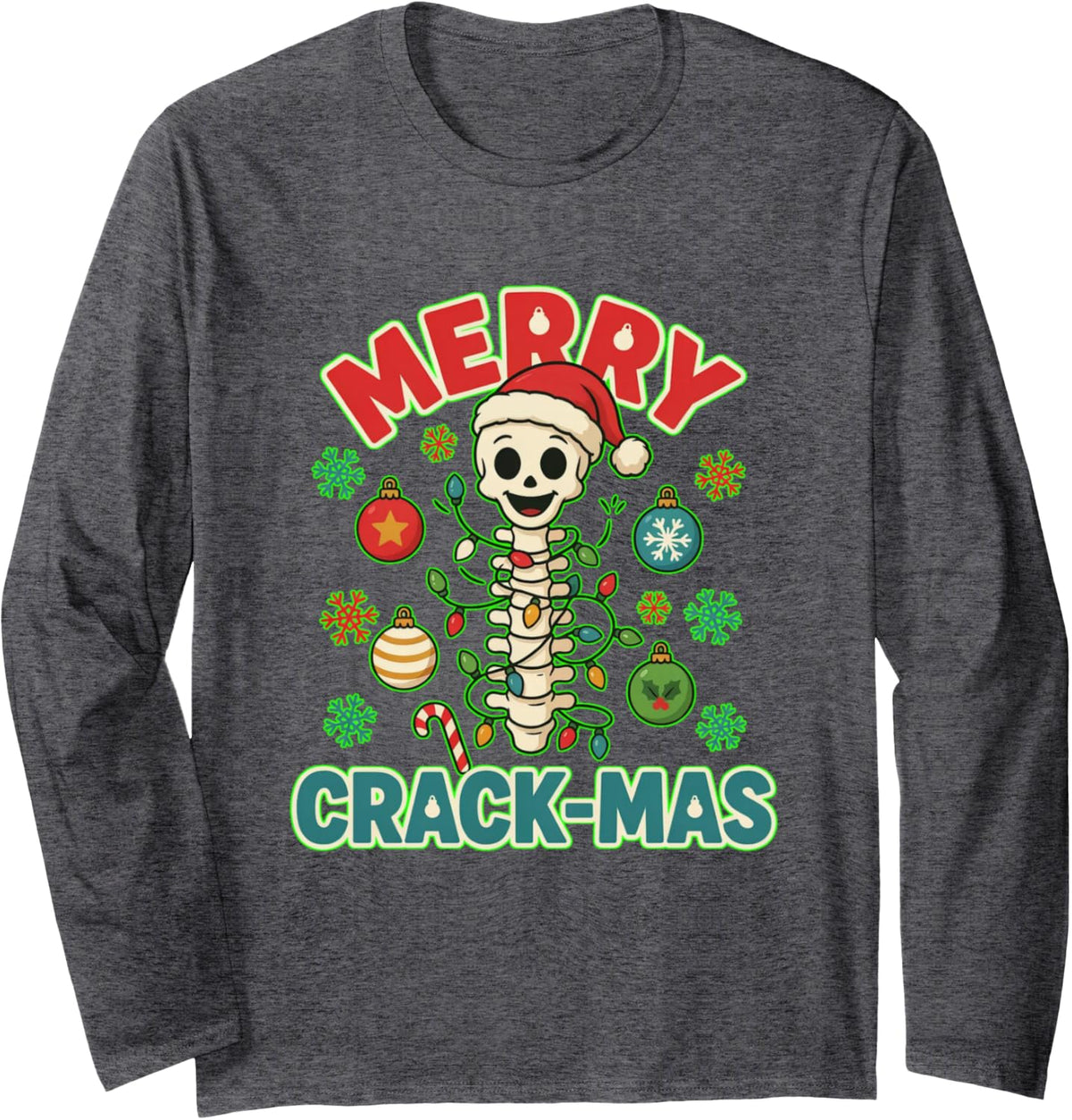 Merry Crack-Mas Funny Chiropractor Christmas Spine Long Sleeve T-Shirt - Adult Unisex Dark Heather Grey