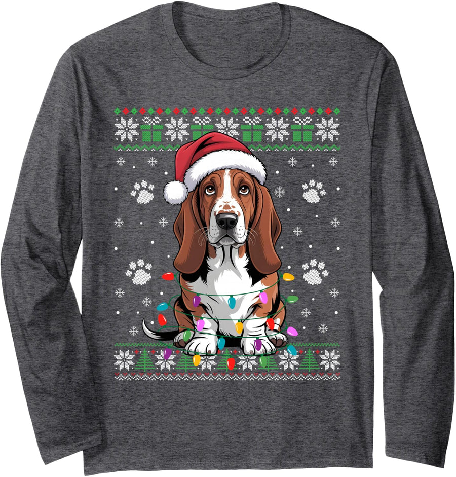 Basset Hound Christmas Ugly Sweater Funny Dog Lover Xmas Long Sleeve T-Shirt - Adult Unisex Dark Heather Grey