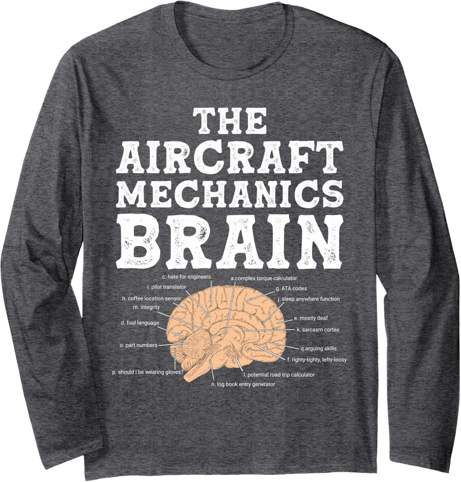 The Aircraft Mechanics Brain Long Sleeve T-Shirt - Adult Unisex Dark Heather Grey