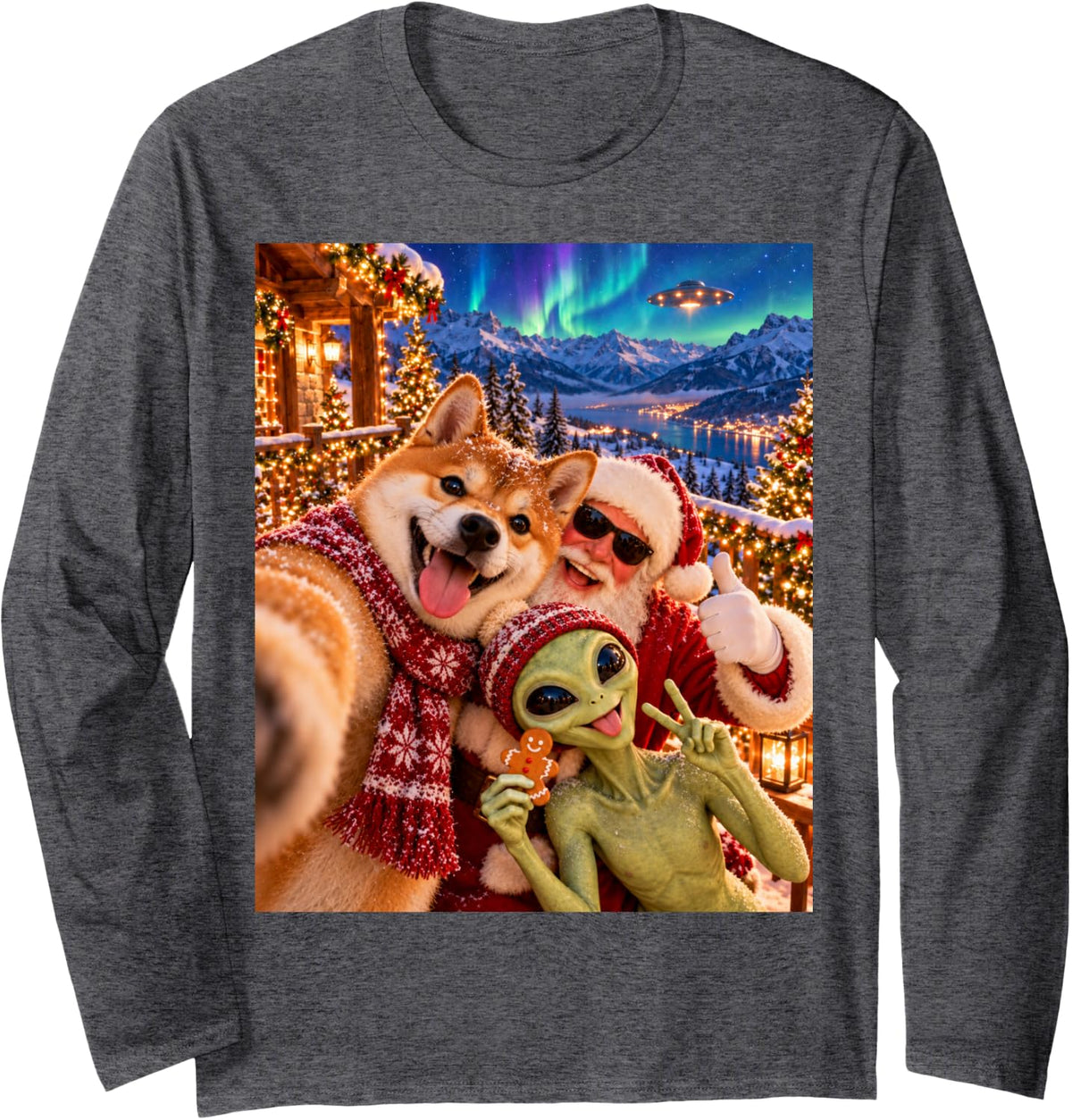 Shiba Inu Grinning Christmas Selfie with Santa and Alien Long Sleeve T-Shirt - Adult Unisex Dark Heather Grey