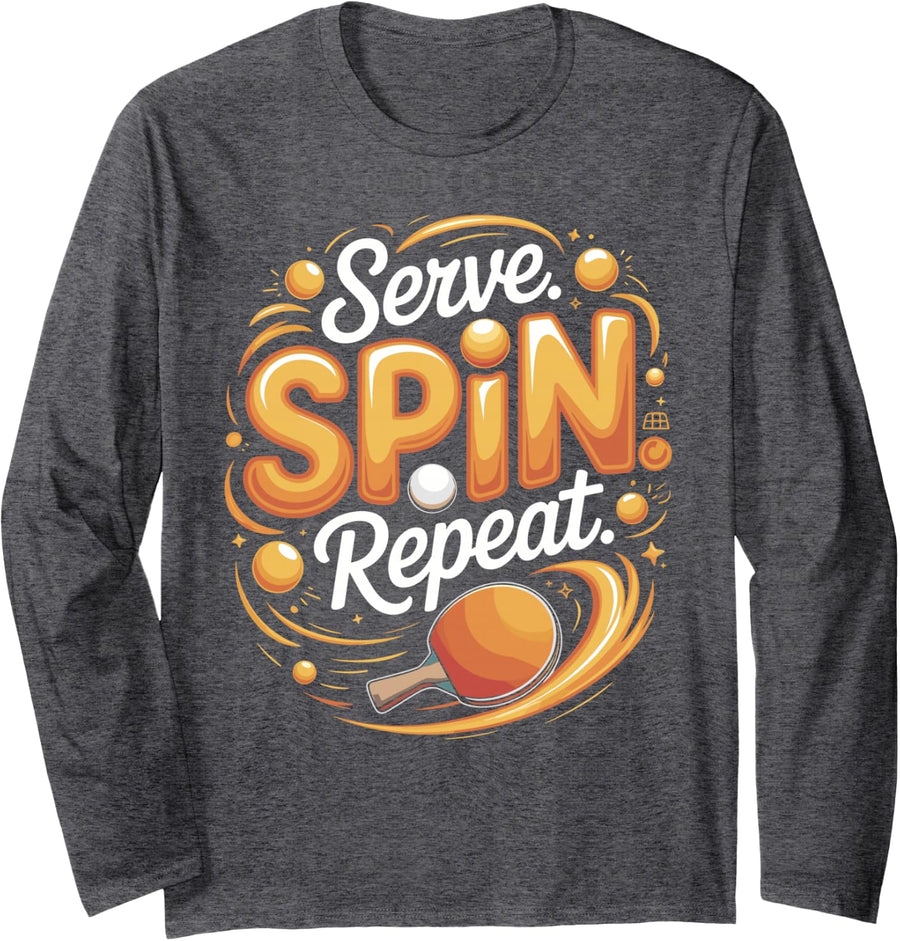 Serve Spin Repeat Ping Pong Table Tennis Paddle Long Sleeve T-Shirt - Adult Unisex Dark Heather Grey