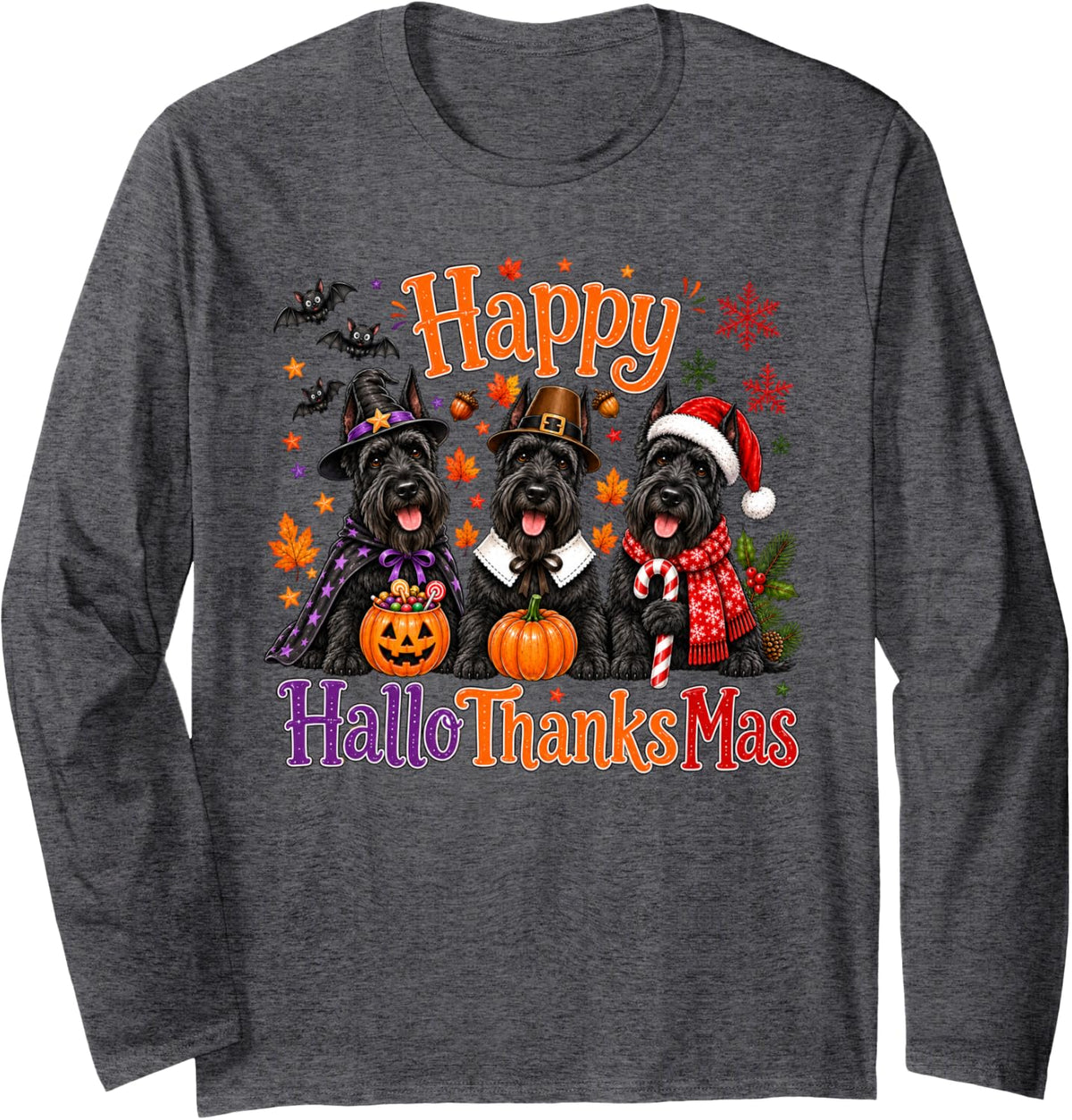 Giant Schnauzer Happy Hallothanksmas Halloween Thanksgiving Long Sleeve T-Shirt - Adult Unisex Dark Heather Grey