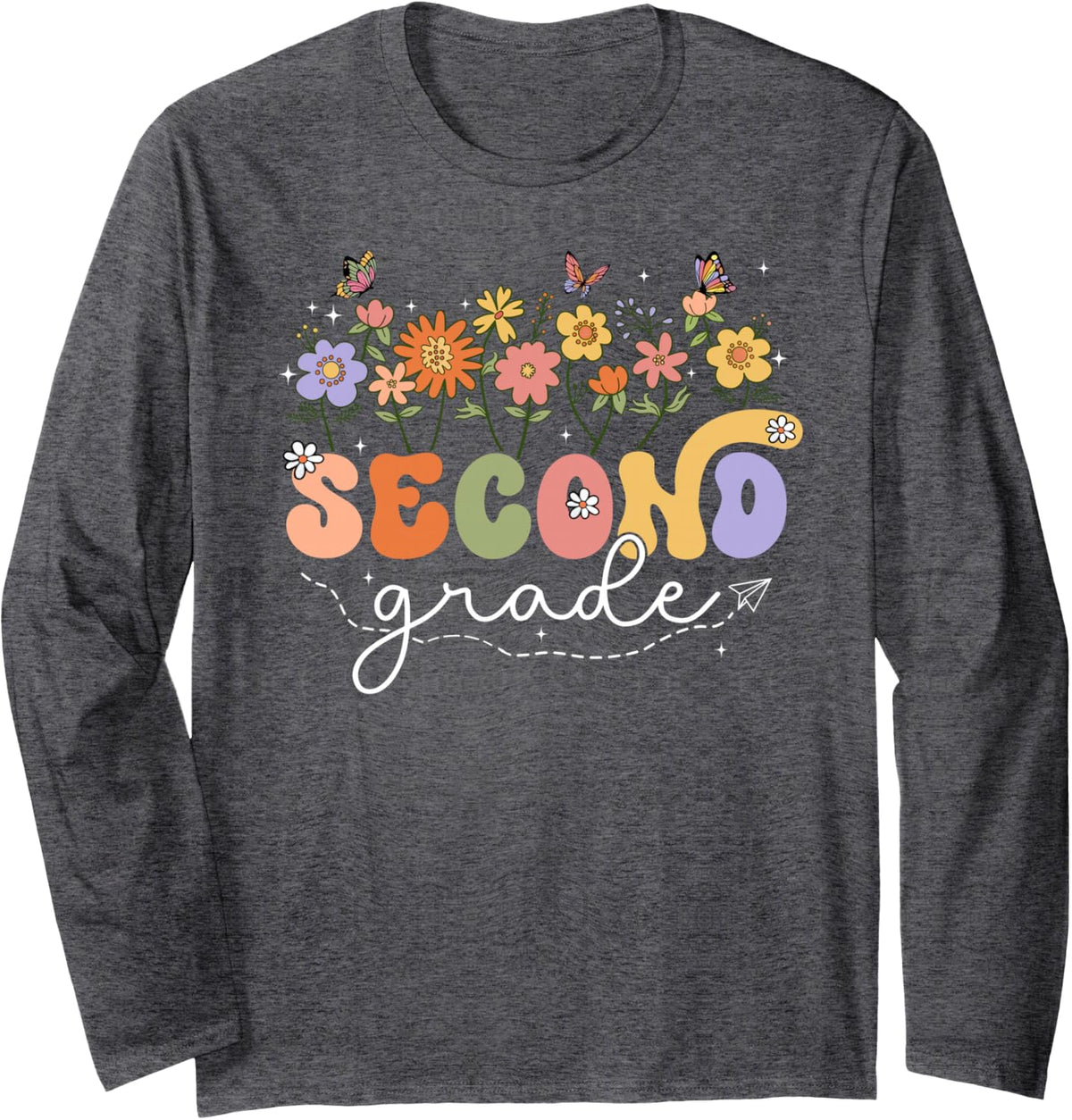 2nd Second Grade Teacher Wildflower Back to School Floral Long Sleeve T-Shirt - Adult Unisex Dark Heather Grey